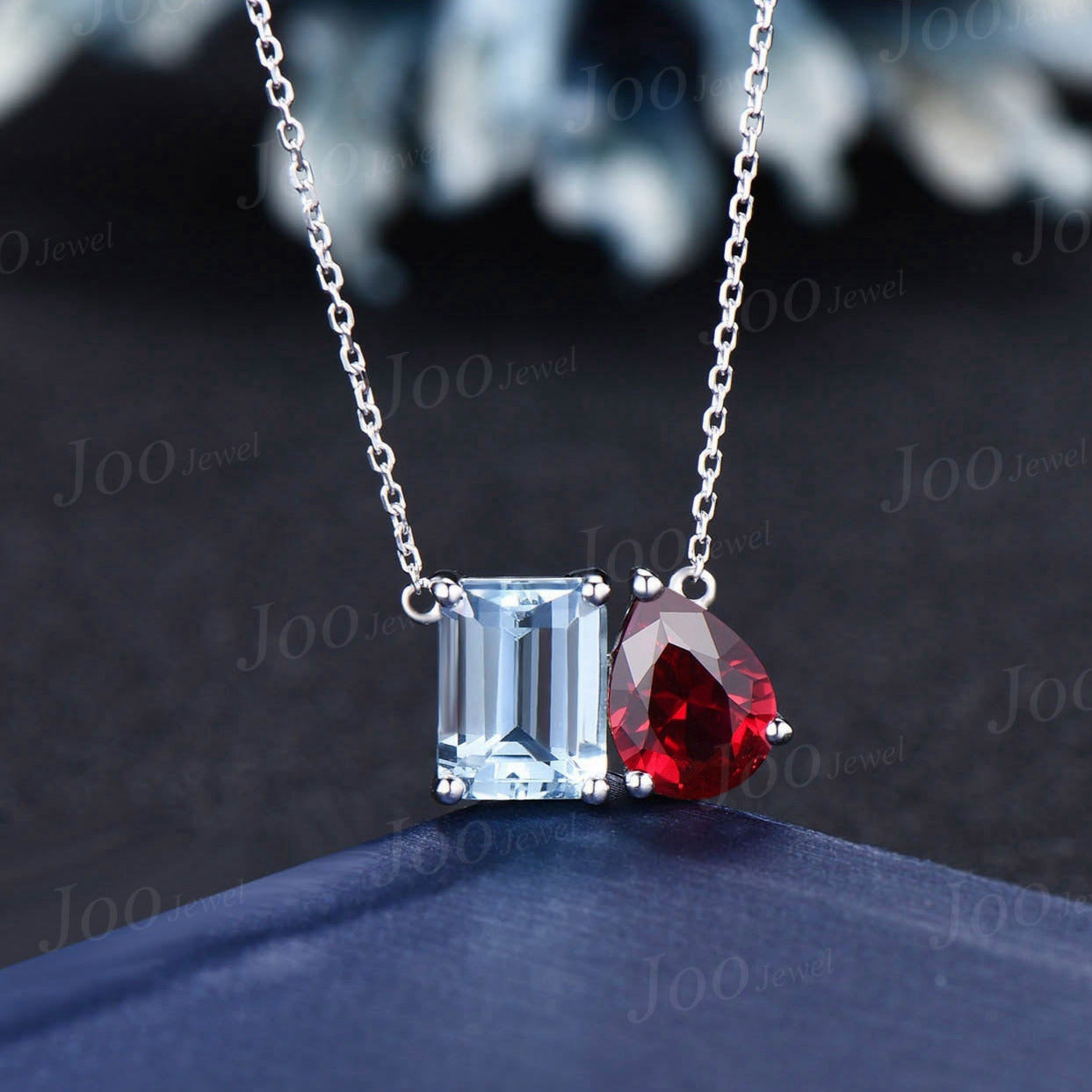 14k Rose Gold Natural Aquamarine Ruby Toi Et Moi Pendant,Pear & Emerald Cut Two Stone Pendant Necklace Unique Couple/Best Friend Necklaces