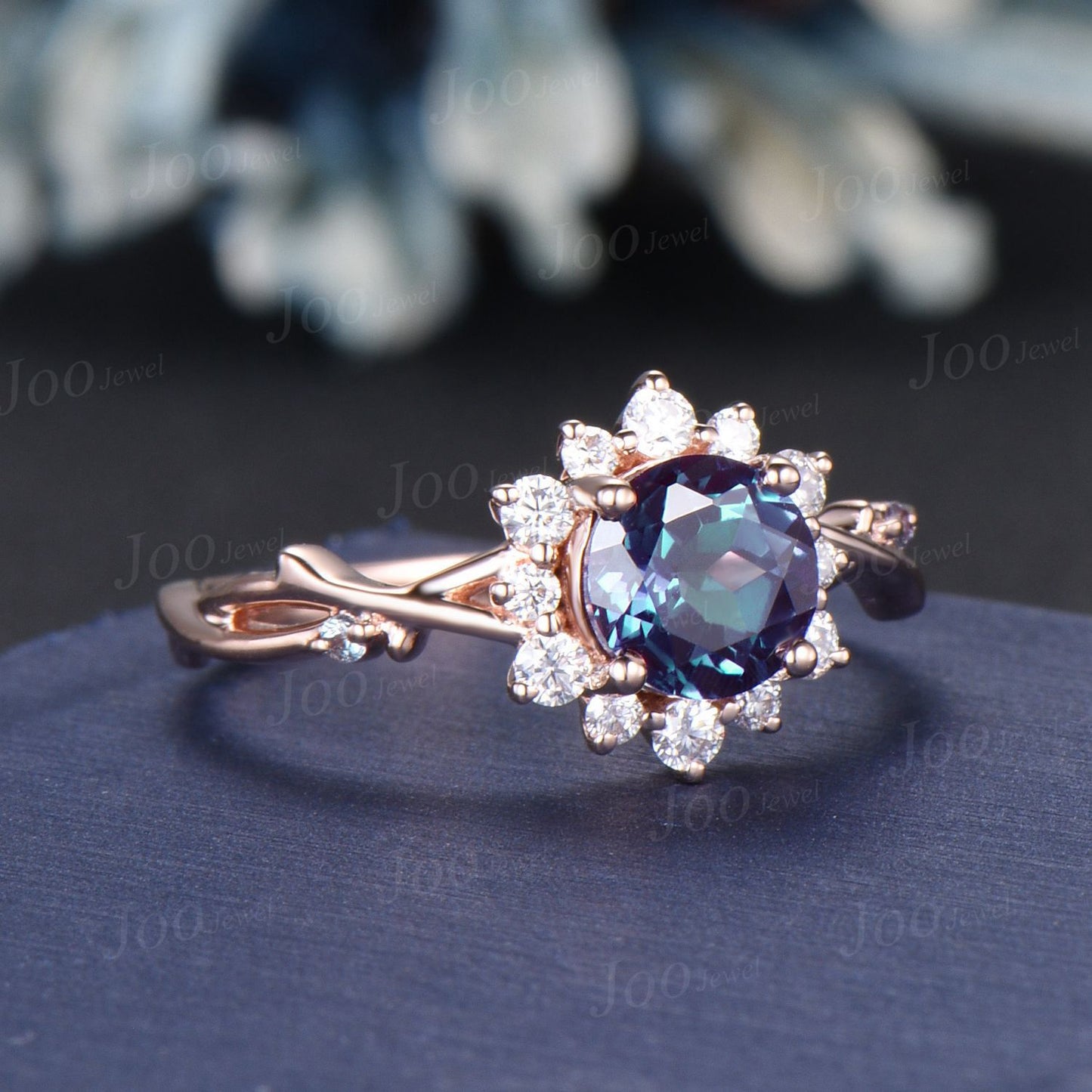 Halo Alexandrite Ring Nature Inspired Round Wedding Ring 14K Rose Gold Twig Vine Alexandrite Moissanite Ring Unique Wedding Gift for Women