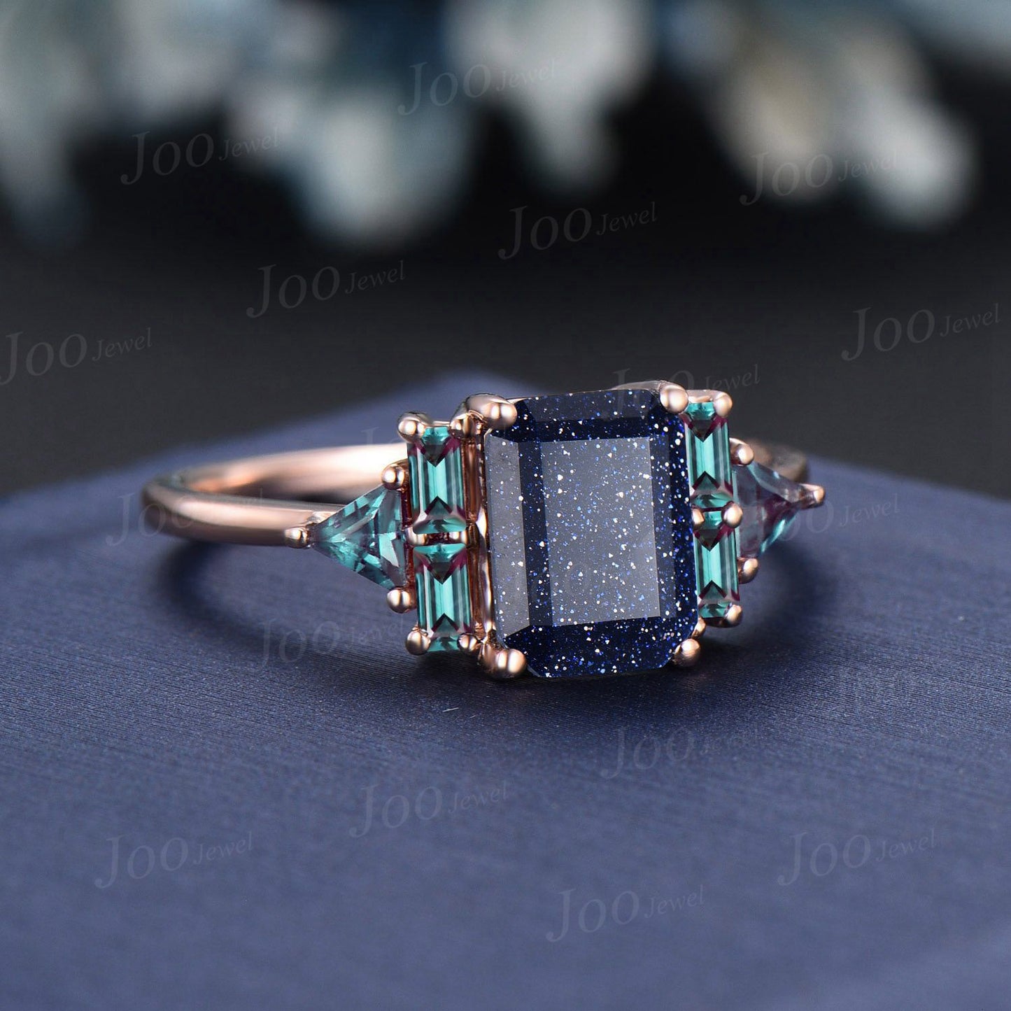2ct Emerald Cut Galaxy Blue Sandstone Ring Art Deco Rose Gold Gemstone Ring Cluster Baguette Triangle Alexandrite Ring Personalized Gifts