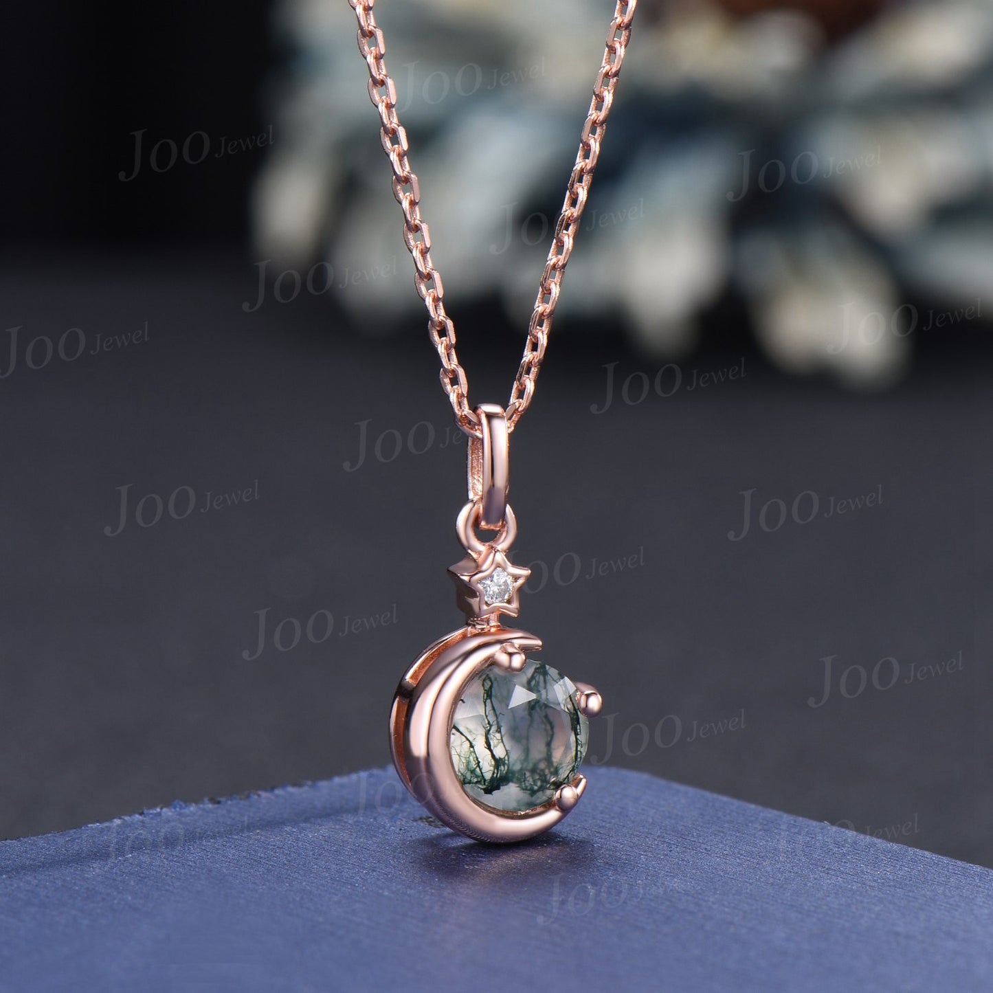 Moon Star Moss Agate Drop Necklace 14K Rose Gold 1ct Round Cut Natural Moss Agate Diamond Pendant Green Gemstone Crystal Jewelry Gifts Women
