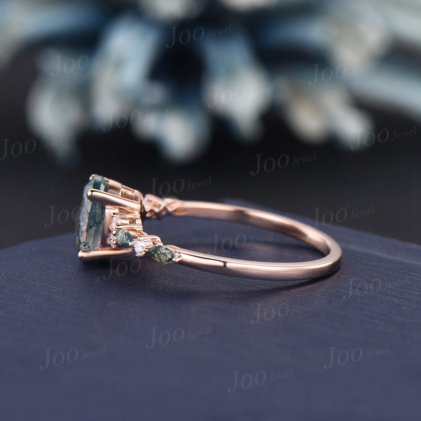 1.5ct Oval Cut Natural Moss Agate Engagement Rings Rose Gold Cluster Aquatic Agate Promise Ring Marquise Moss Round Moissanite Wedding Ring
