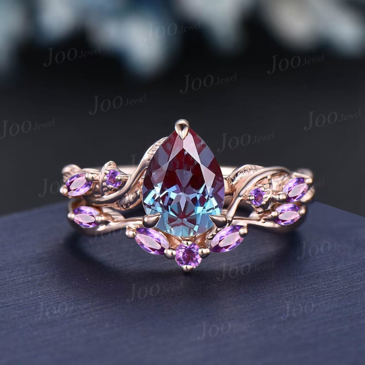 Nature Inspired Alexandrite Amethyst Bridal Set Pear Color-Change Alexandrite Engagement Ring Twist Leaf Vine Amethyst Wedding Promise Rings