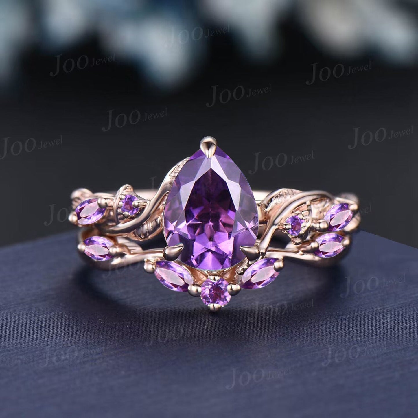Twig Vine Natural Amethyst Black Gold Bridal Set February Birthstone 1.25ct Pear Nature Inspired Amethyst Ring Purple Crystal Wedding Ring