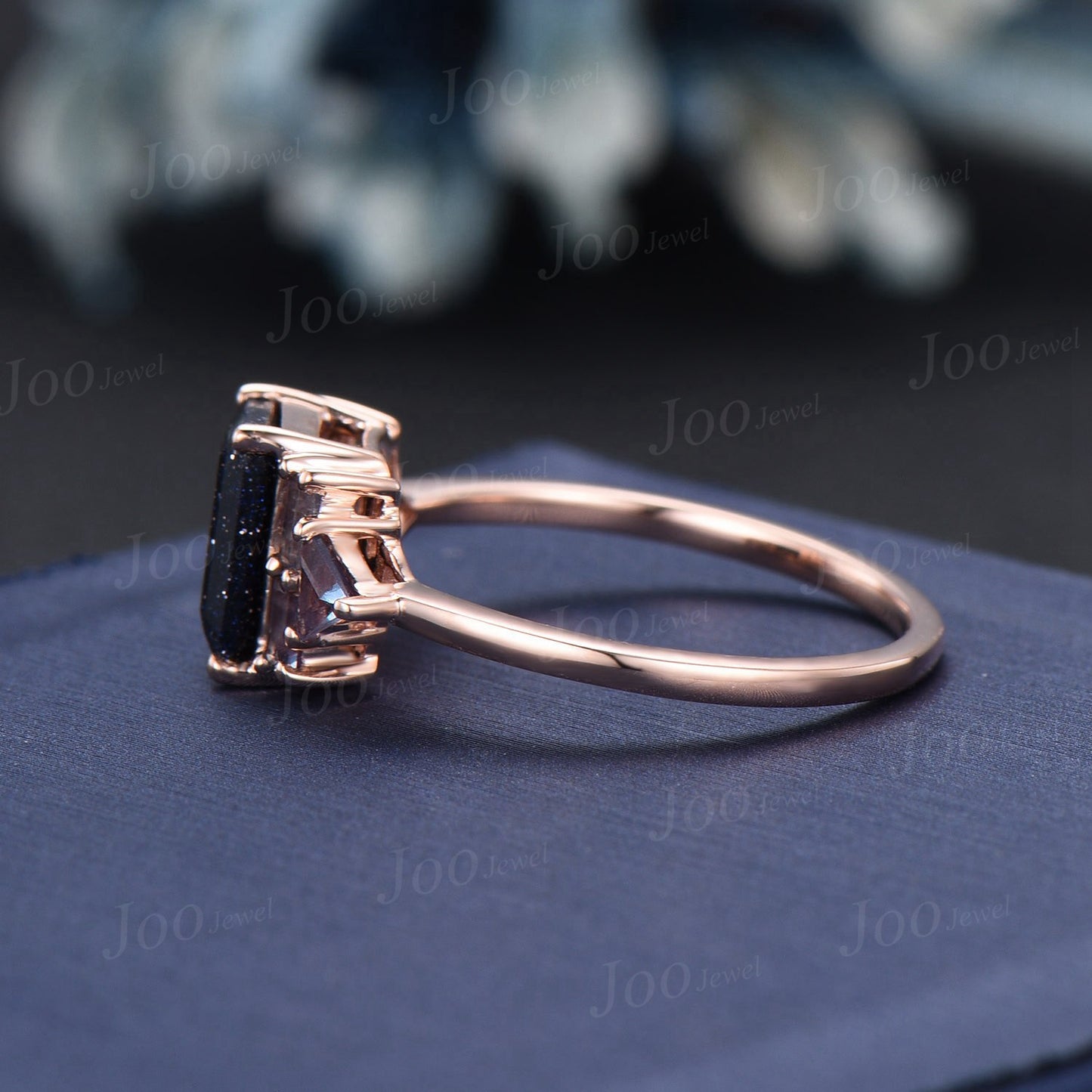 2ct Emerald Cut Galaxy Blue Sandstone Ring Art Deco Rose Gold Gemstone Ring Cluster Baguette Triangle Alexandrite Ring Personalized Gifts