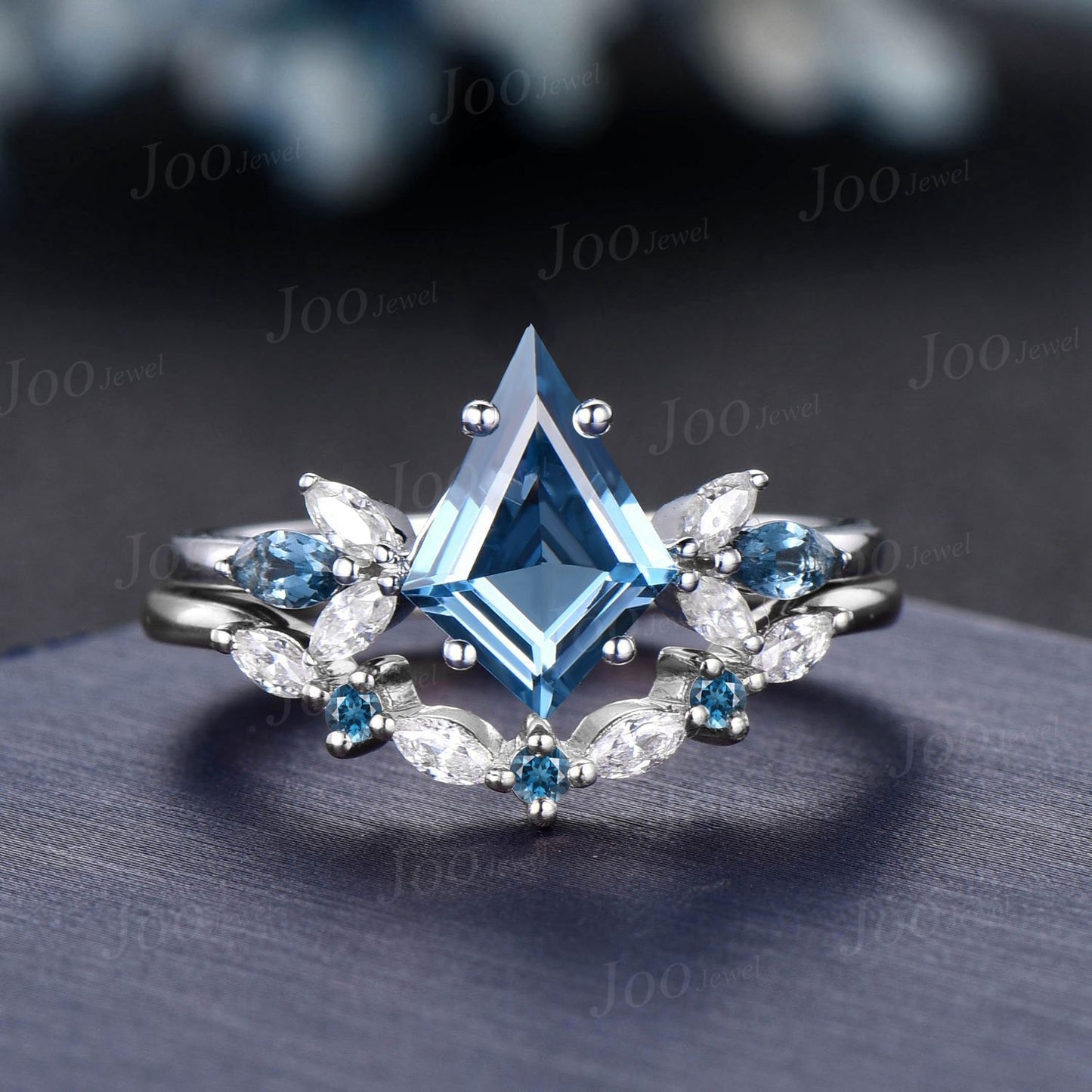 Kite Cut Natural London Blue Topaz Engagement Ring Set Cluster Moissanite Topaz Ring Set Unique December Birthstone Birthday Gifts for Women