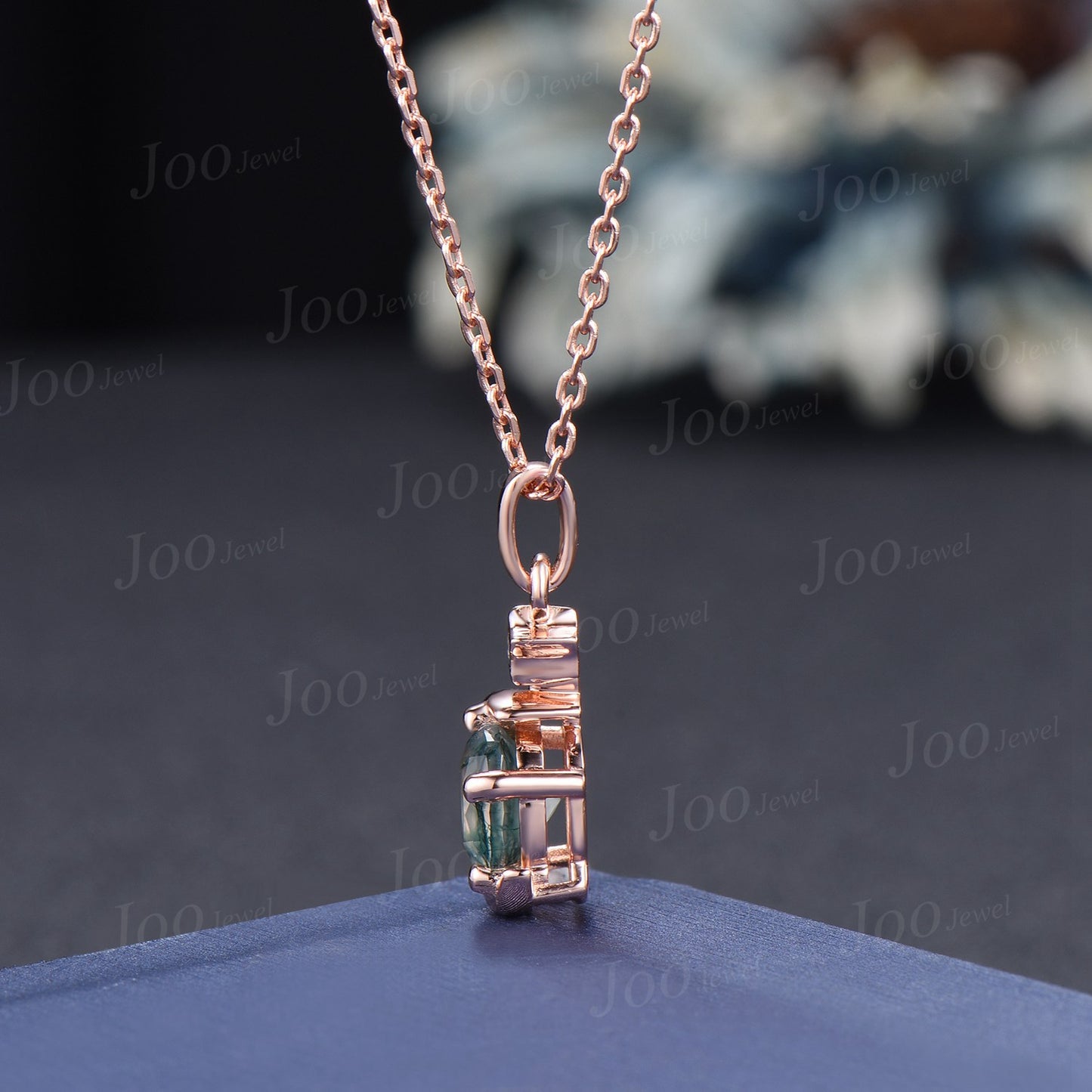 Moon Star Moss Agate Drop Necklace 14K Rose Gold 1ct Round Cut Natural Moss Agate Diamond Pendant Green Gemstone Crystal Jewelry Gifts Women