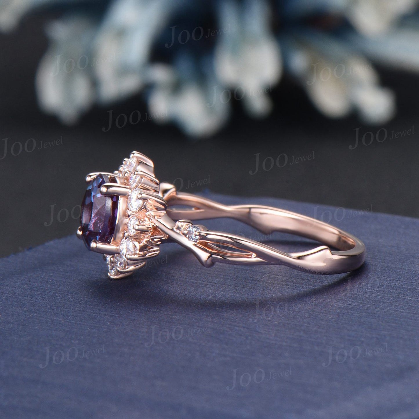 Halo Alexandrite Ring Nature Inspired Round Wedding Ring 14K Rose Gold Twig Vine Alexandrite Moissanite Ring Unique Wedding Gift for Women