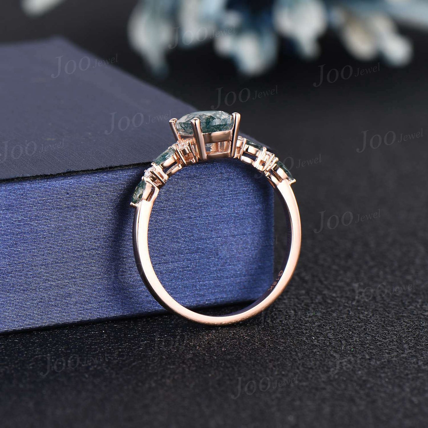 1.5ct Oval Cut Natural Moss Agate Engagement Rings Rose Gold Cluster Aquatic Agate Promise Ring Marquise Moss Round Moissanite Wedding Ring