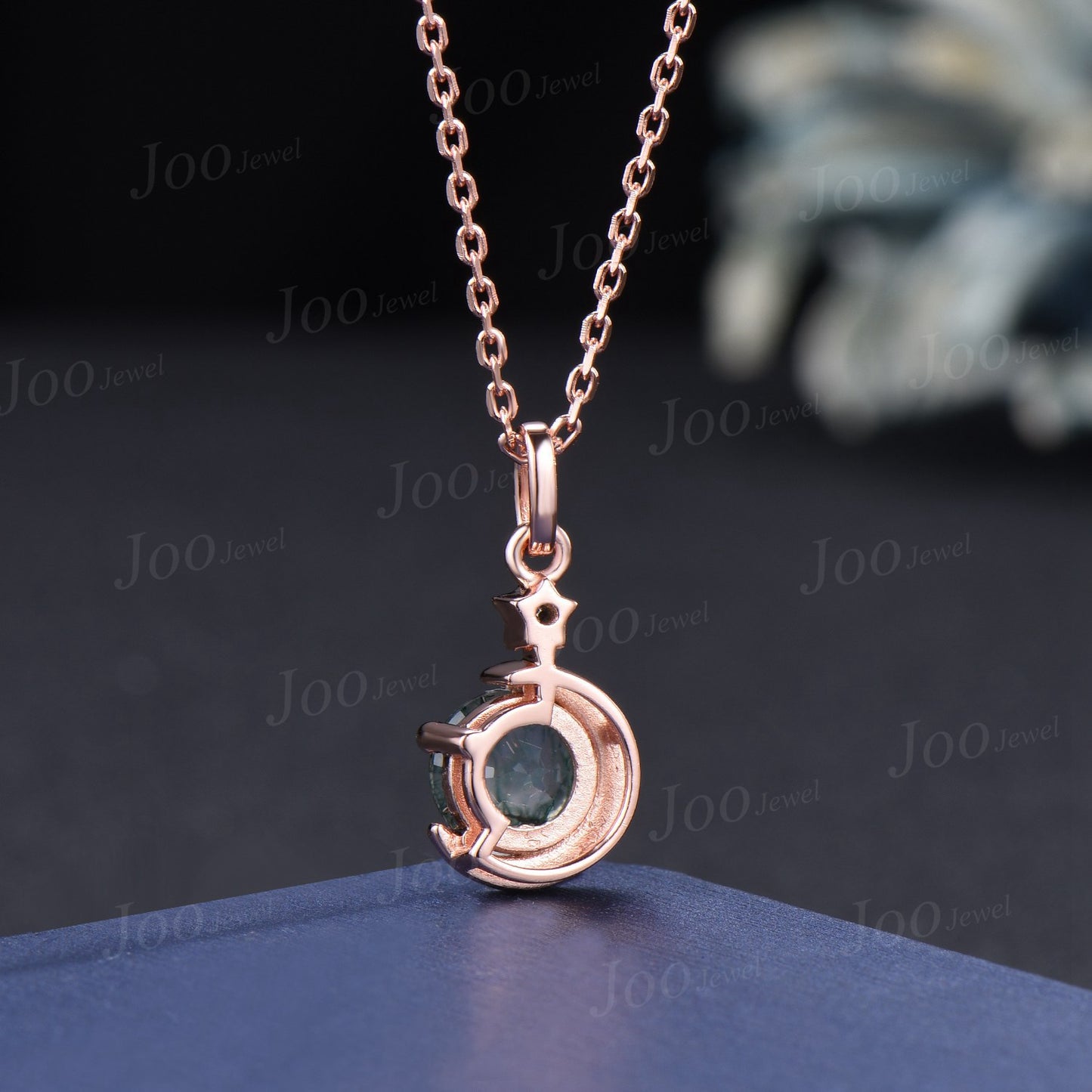 Moon Star Moss Agate Drop Necklace 14K Rose Gold 1ct Round Cut Natural Moss Agate Diamond Pendant Green Gemstone Crystal Jewelry Gifts Women