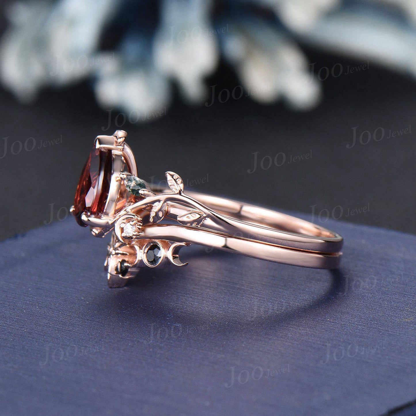Black And Red Wedding Ring Sets Moon Engagement Ring 14K Rose Gold Nature Inspired Pear Natural Garnet Ring For Women Red Garnet Bridal Ring
