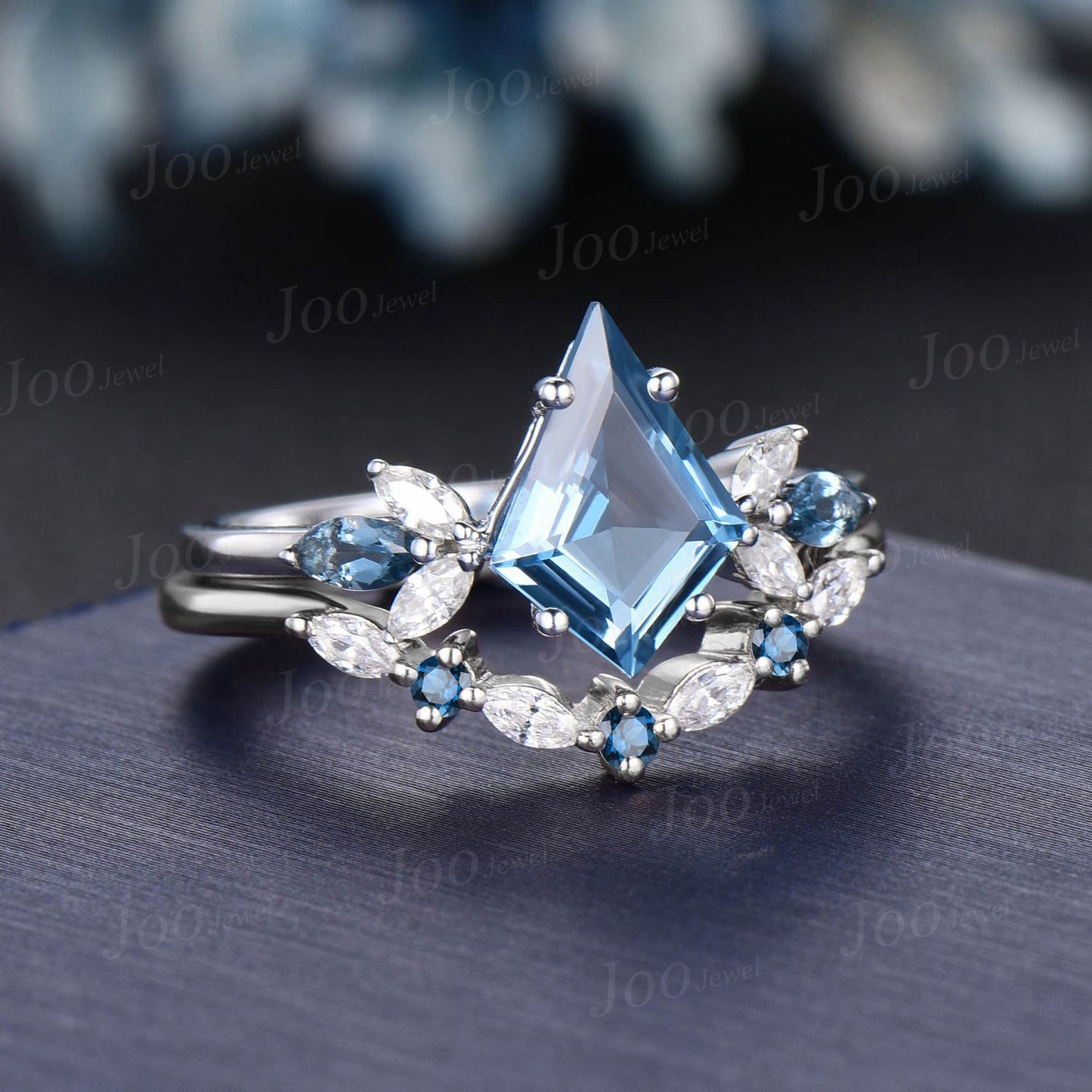 Kite Cut Natural London Blue Topaz Engagement Ring Set Cluster Moissanite Topaz Ring Set Unique December Birthstone Birthday Gifts for Women