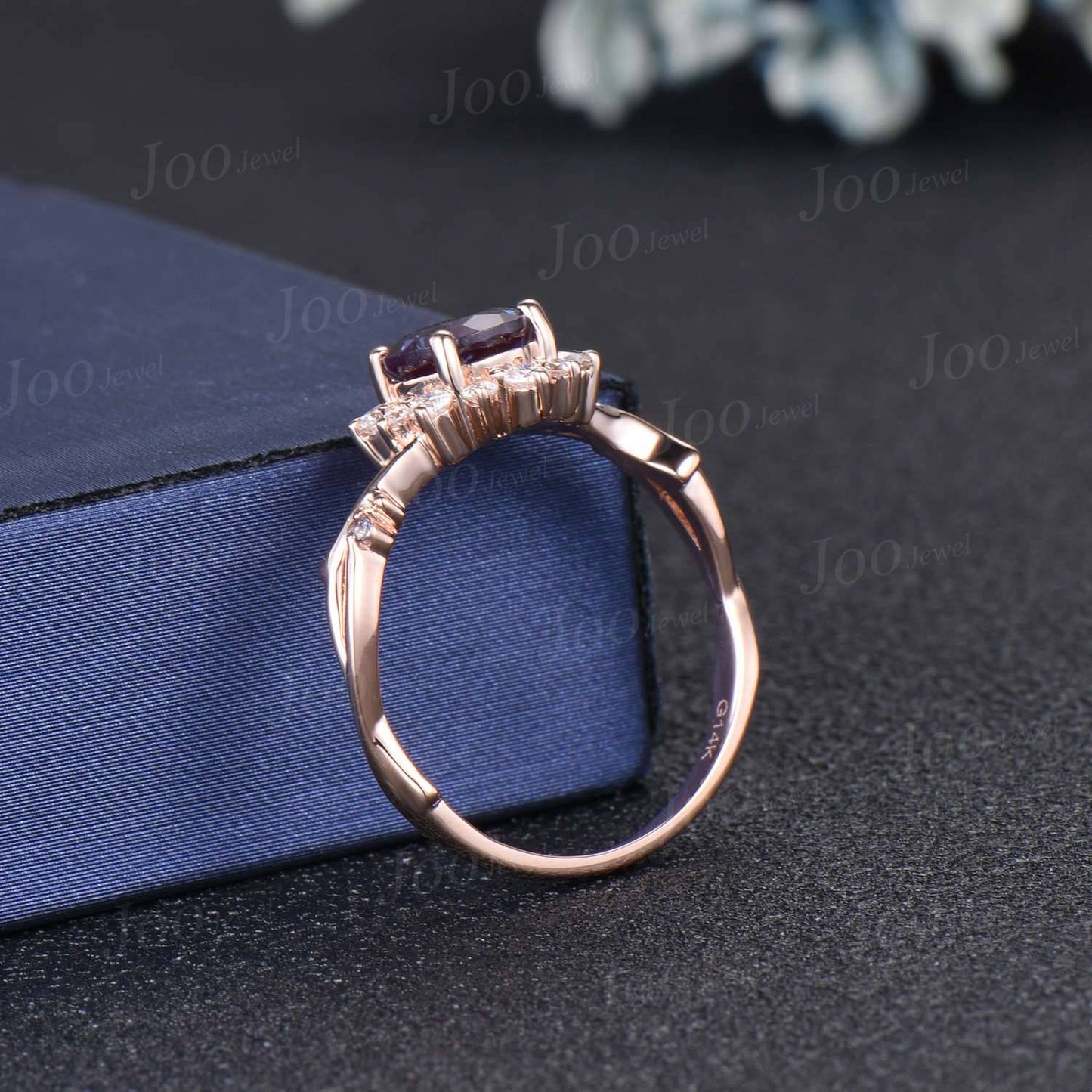 Halo Alexandrite Ring Nature Inspired Round Wedding Ring 14K Rose Gold Twig Vine Alexandrite Moissanite Ring Unique Wedding Gift for Women