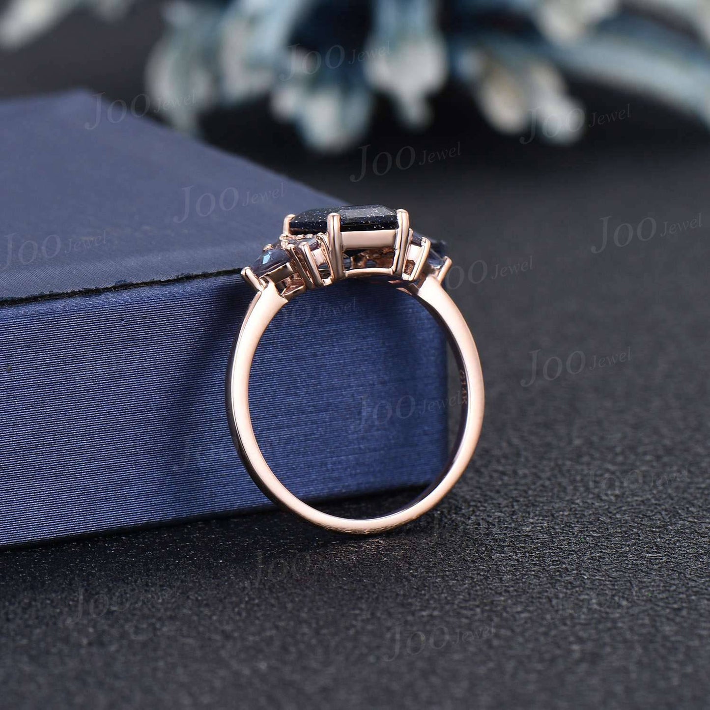 2ct Emerald Cut Galaxy Blue Sandstone Ring Art Deco Rose Gold Gemstone Ring Cluster Baguette Triangle Alexandrite Ring Personalized Gifts