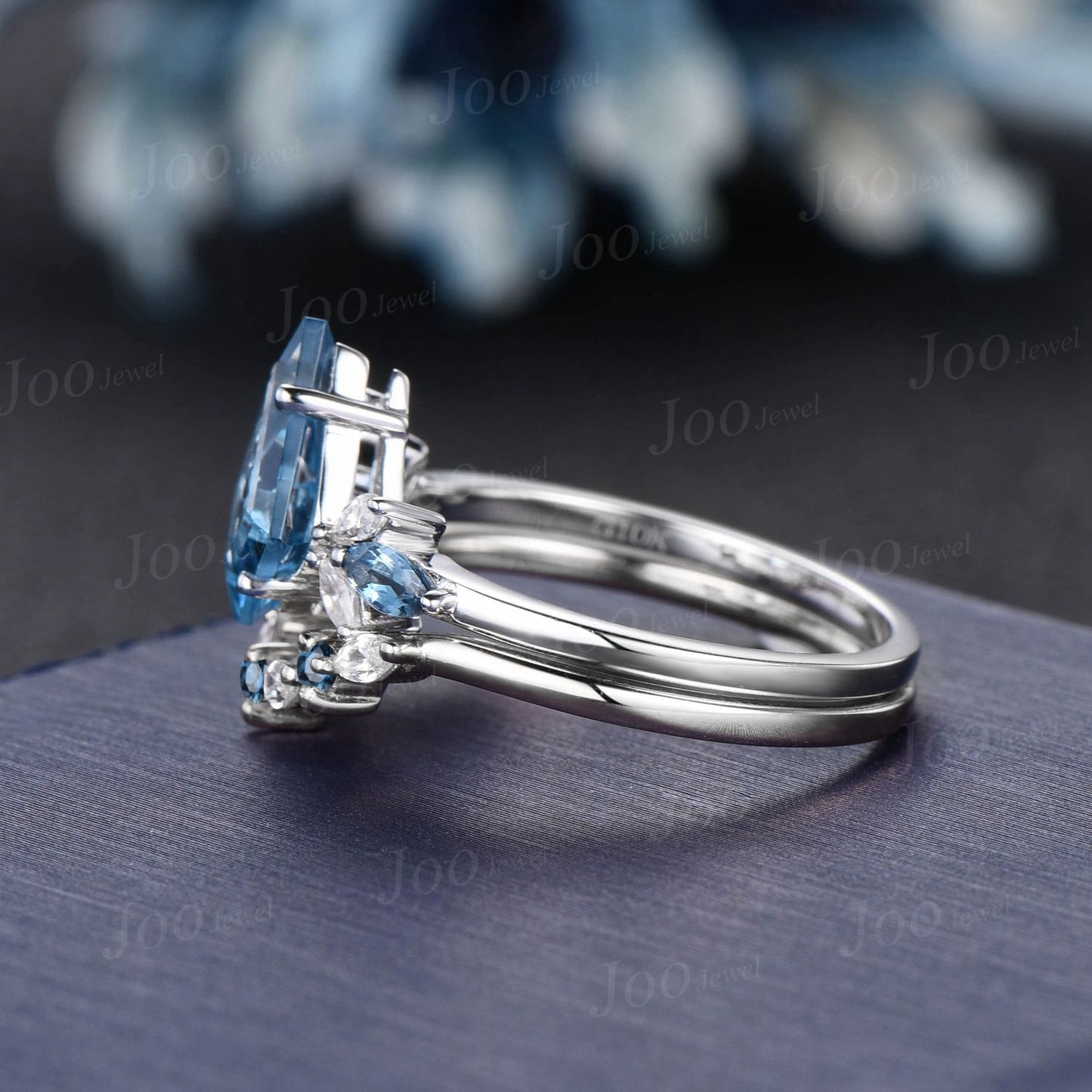 Kite Cut Natural London Blue Topaz Engagement Ring Set Cluster Moissanite Topaz Ring Set Unique December Birthstone Birthday Gifts for Women
