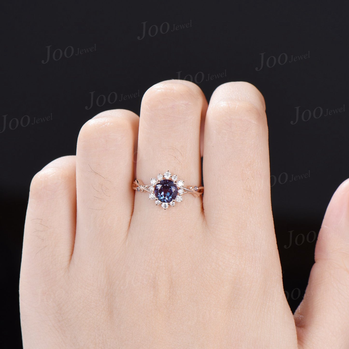 Halo Alexandrite Ring Nature Inspired Round Wedding Ring 14K Rose Gold Twig Vine Alexandrite Moissanite Ring Unique Wedding Gift for Women