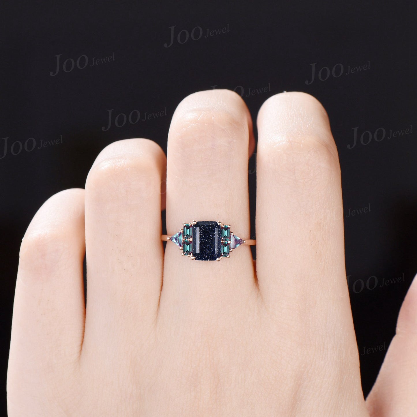 2ct Emerald Cut Galaxy Blue Sandstone Ring Art Deco Rose Gold Gemstone Ring Cluster Baguette Triangle Alexandrite Ring Personalized Gifts