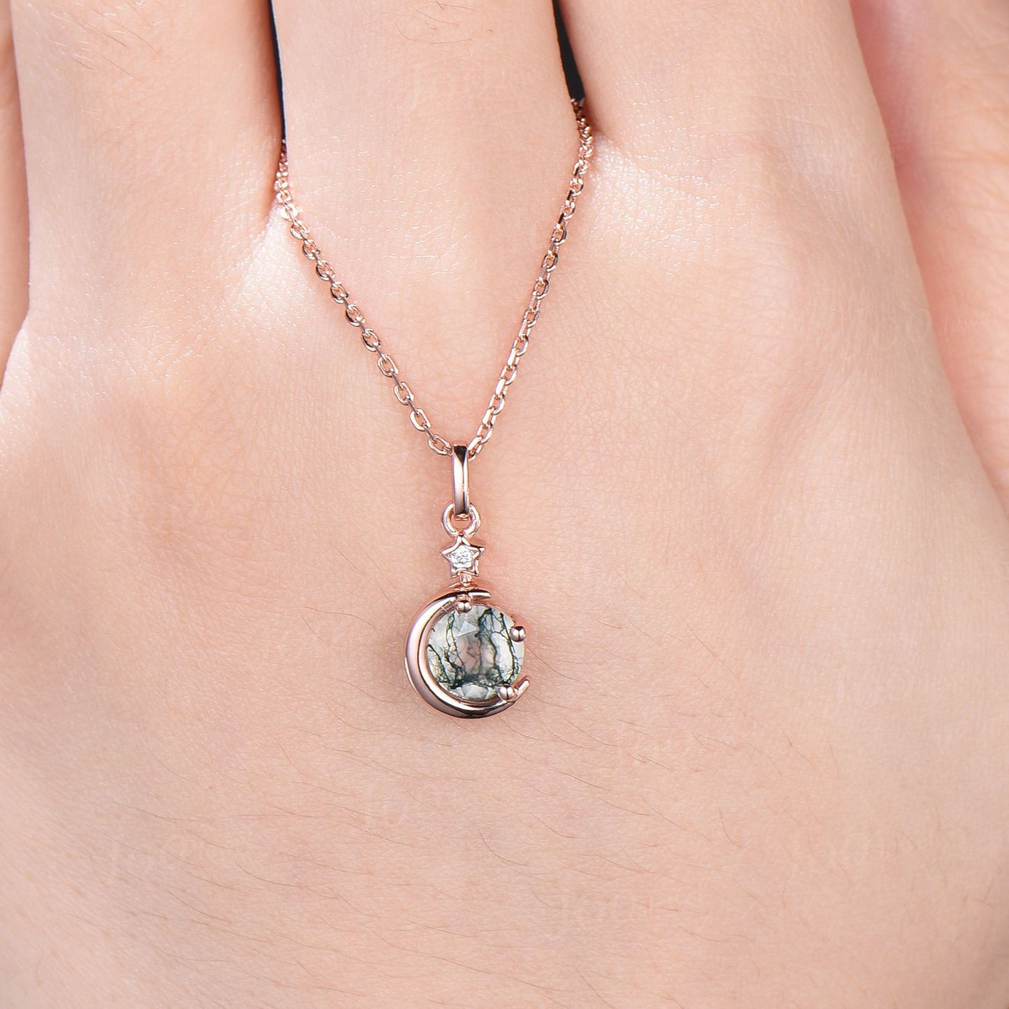 Moon Star Moss Agate Drop Necklace 14K Rose Gold 1ct Round Cut Natural Moss Agate Diamond Pendant Green Gemstone Crystal Jewelry Gifts Women