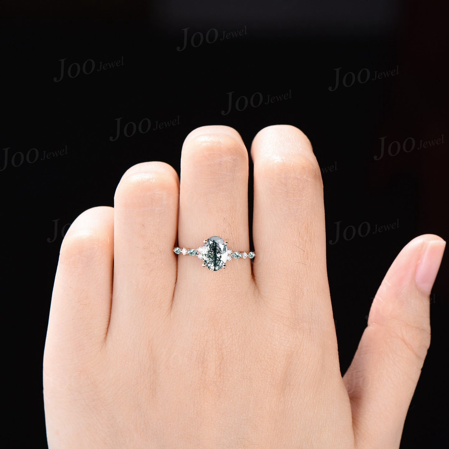 1.5ct Oval Cut Natural Moss Agate Engagement Rings Rose Gold Cluster Aquatic Agate Promise Ring Marquise Moss Round Moissanite Wedding Ring