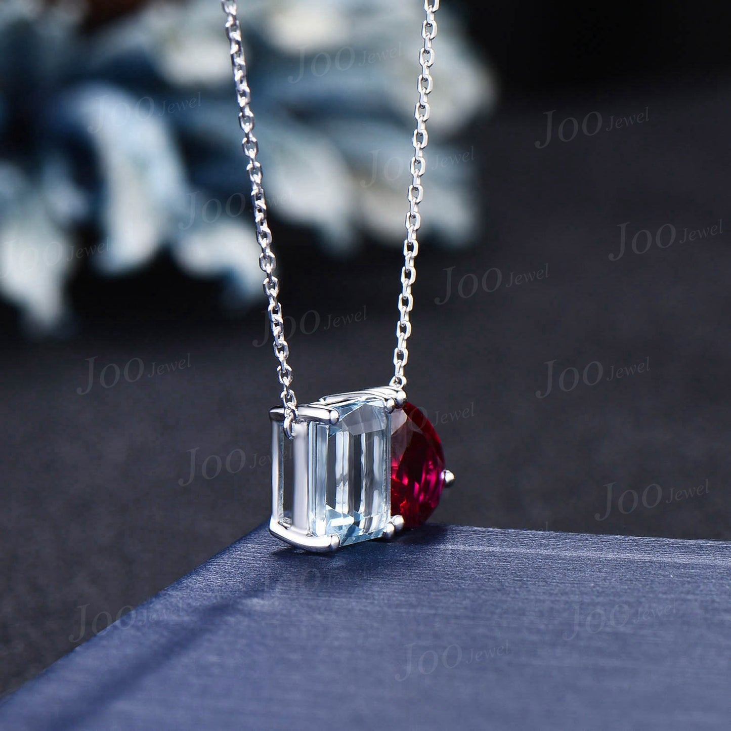14k Rose Gold Natural Aquamarine Ruby Toi Et Moi Pendant,Pear & Emerald Cut Two Stone Pendant Necklace Unique Couple/Best Friend Necklaces