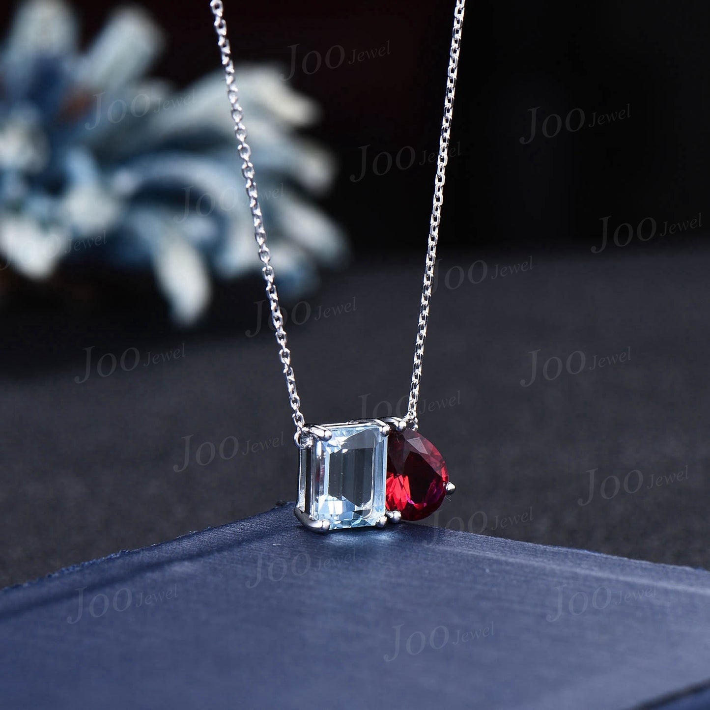 14k Rose Gold Natural Aquamarine Ruby Toi Et Moi Pendant,Pear & Emerald Cut Two Stone Pendant Necklace Unique Couple/Best Friend Necklaces