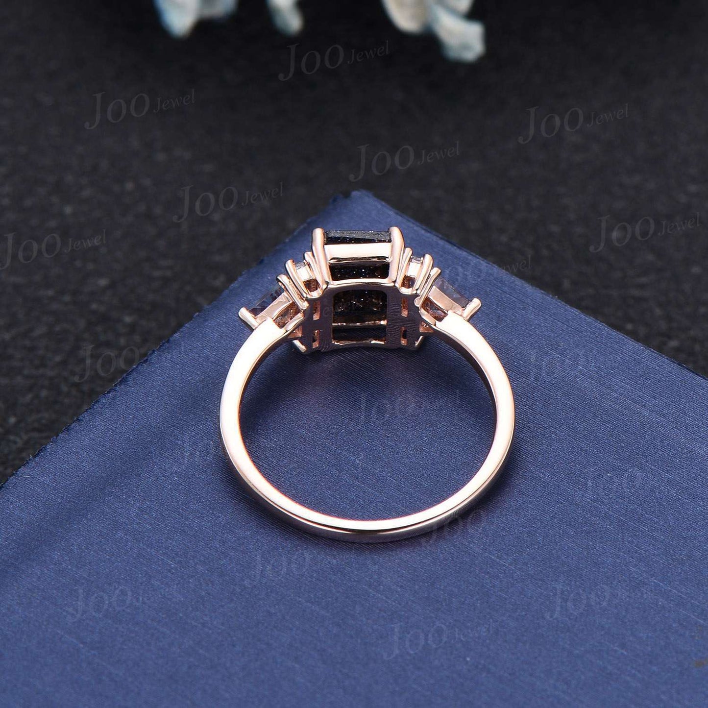 2ct Emerald Cut Galaxy Blue Sandstone Ring Art Deco Rose Gold Gemstone Ring Cluster Baguette Triangle Alexandrite Ring Personalized Gifts