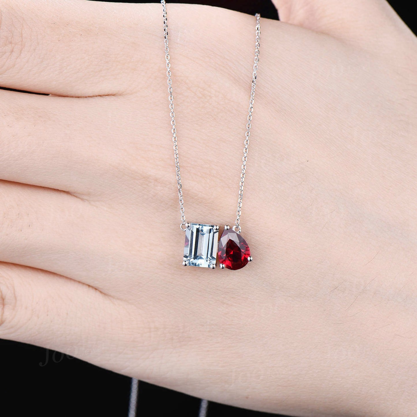 14k Rose Gold Natural Aquamarine Ruby Toi Et Moi Pendant,Pear & Emerald Cut Two Stone Pendant Necklace Unique Couple/Best Friend Necklaces