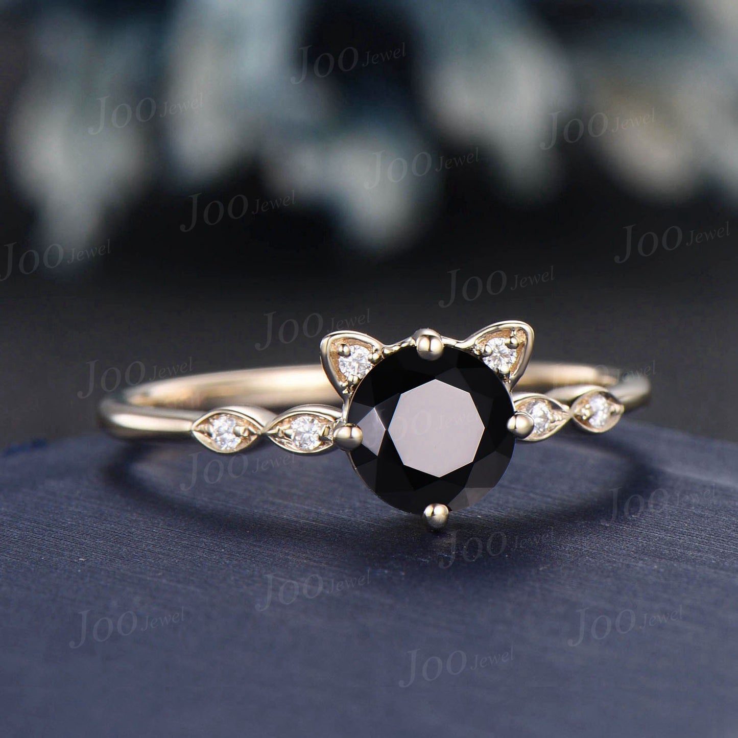 Cat Engagement Ring Vintage 1ct Natural Black Onyx Promise Ring Round Black Wedding Ring Peekaboo Kitten Black Gemstone Gifts for Cat Lover