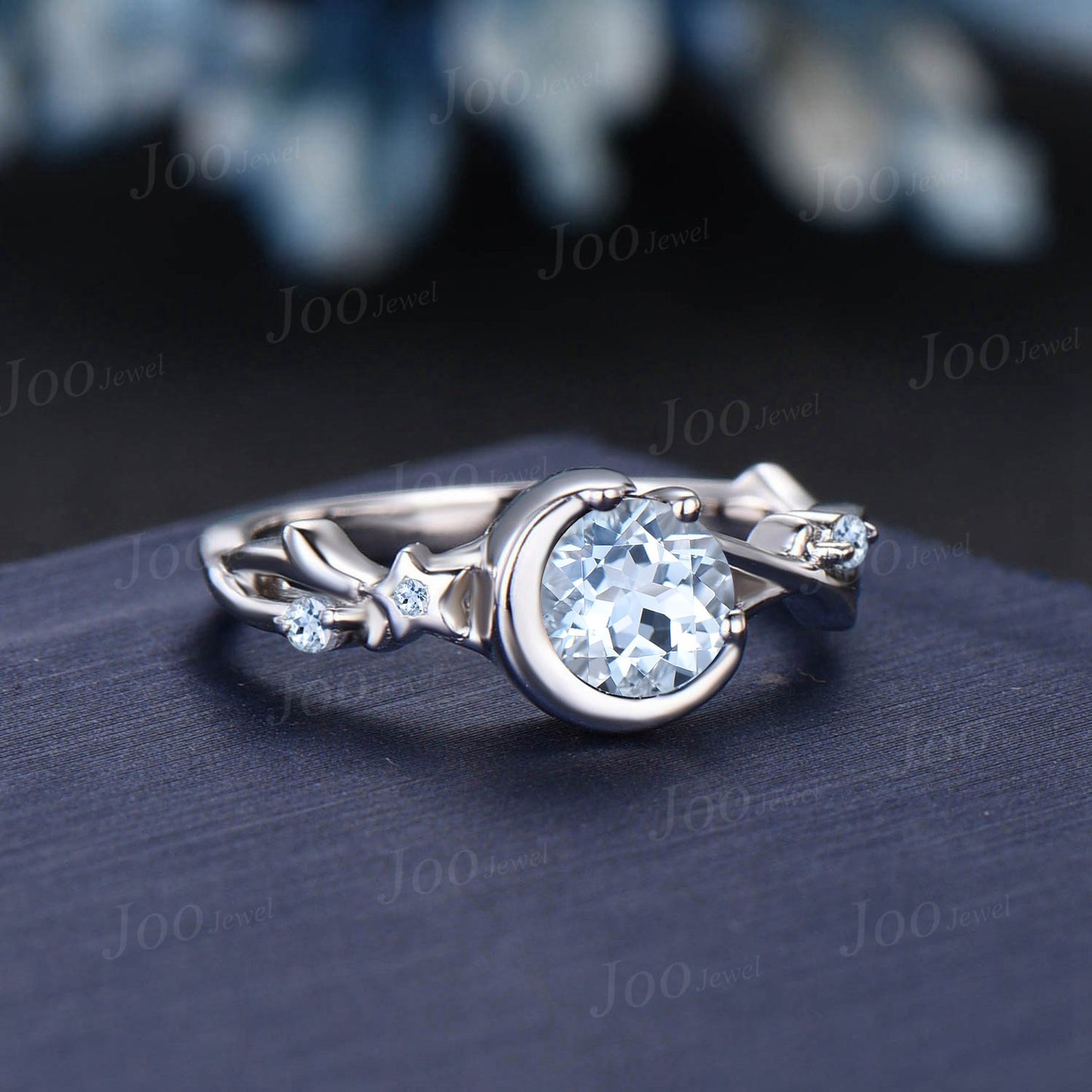 Twig Vine Wedding Ring Unique Moon Star Design 5mm Round Cut Natural Aquamarine Promise Ring Sterling Silver Summer Ocean Blue Gemstone Ring