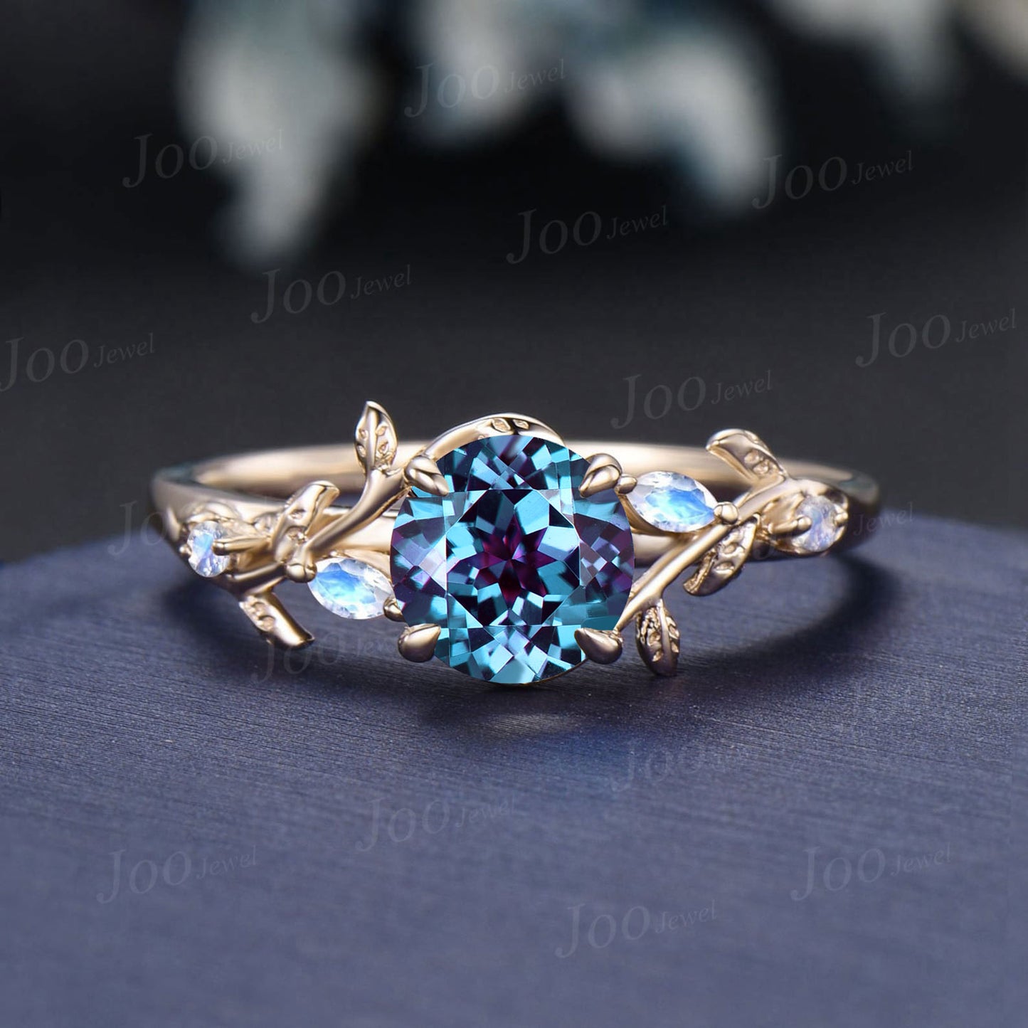 1ct Nature Inspired Round Cut Color-Change Alexandrite Moonstone Engagement Ring June Birthstone Jewelry Anniversary/Promise Gift for Women