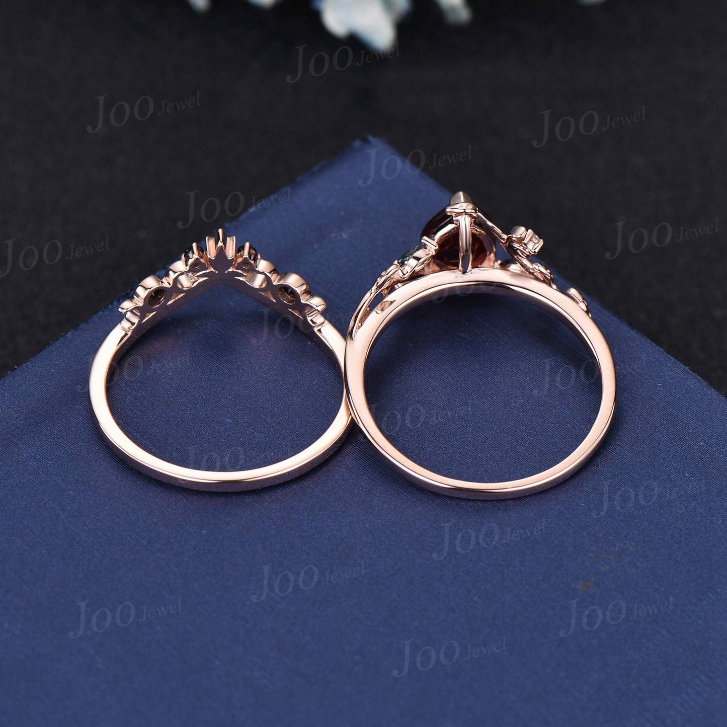 Black And Red Wedding Ring Sets Moon Engagement Ring 14K Rose Gold Nature Inspired Pear Natural Garnet Ring For Women Red Garnet Bridal Ring