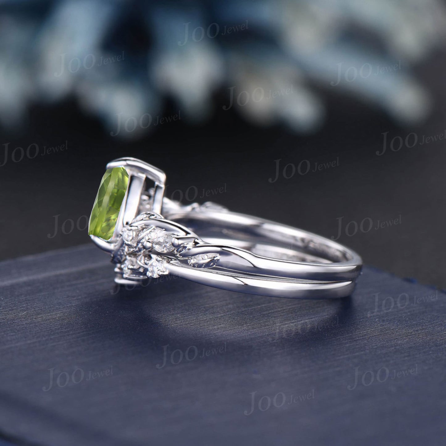 14K White Gold Natural Pear Cut Peridot Diamond Engagement Ring Set Vintage Twig Vine 1.25ct Peridot Ring Aug Birthstone Anniversary Gifts