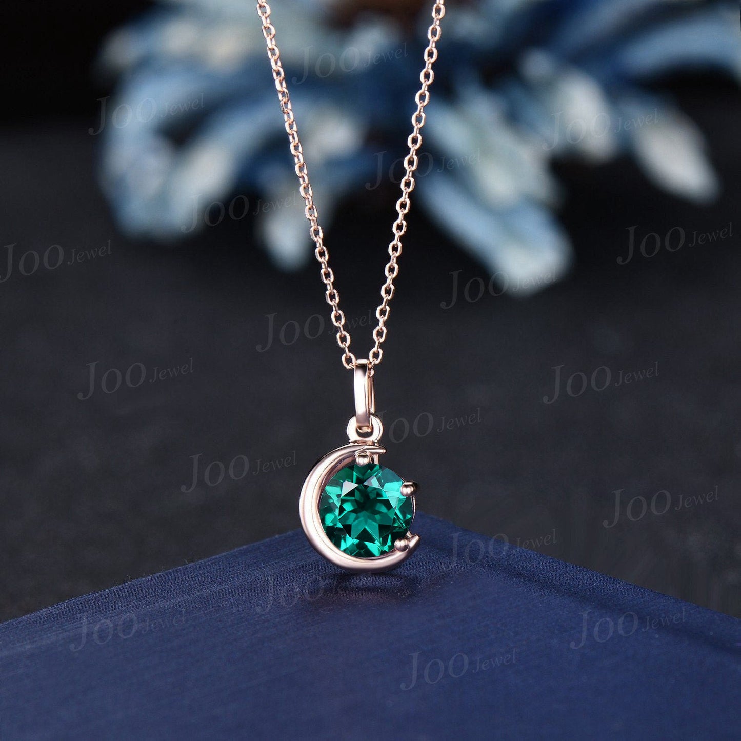 1ct Round Green Emerald Pendant Necklace Sterling Silver/14K Yellow Gold May Birthstone Gemstone Necklace Half Moon Emerald Chain Necklaces