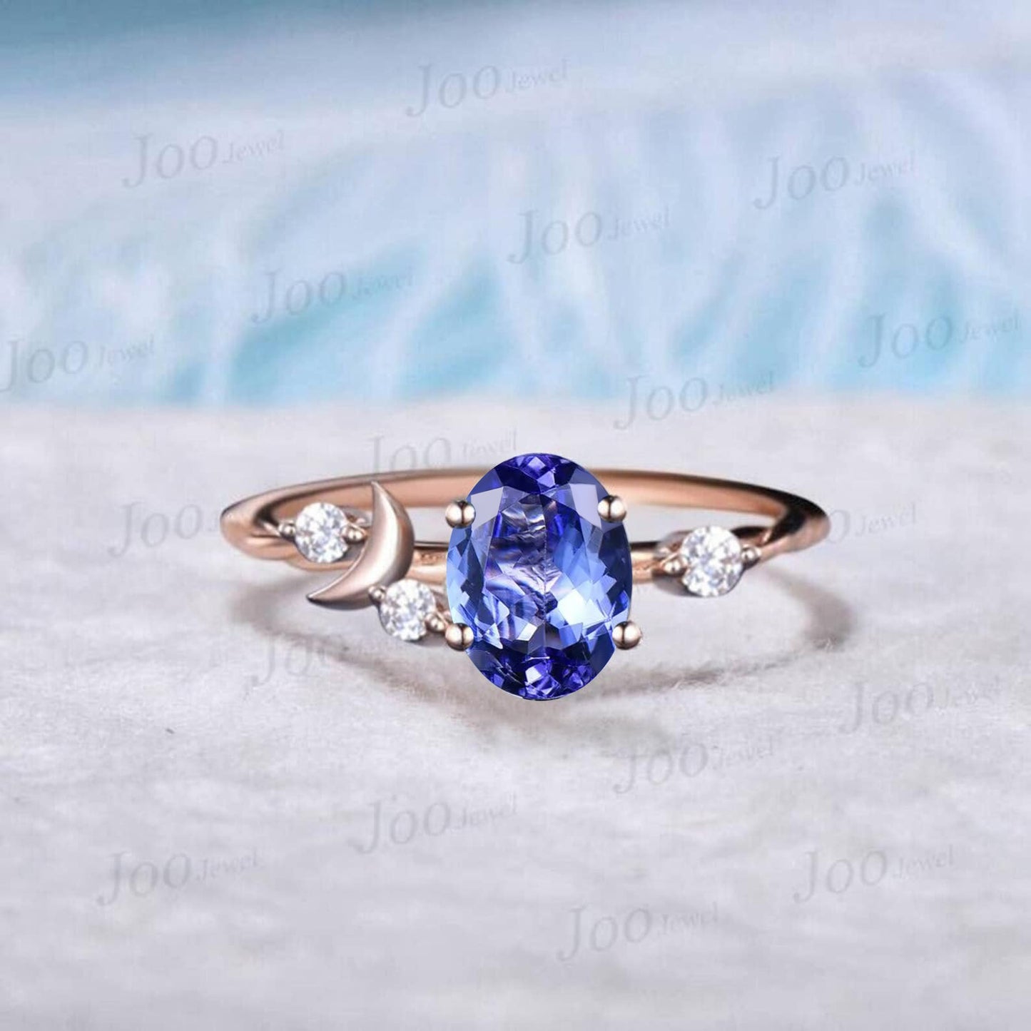 Natural Tanzanite Engagement Ring Crescent Moon Goddess Moissanite Ring Real Tanzanite Celestial Moon Wedding Ring Rose Gold Art Deco Ring