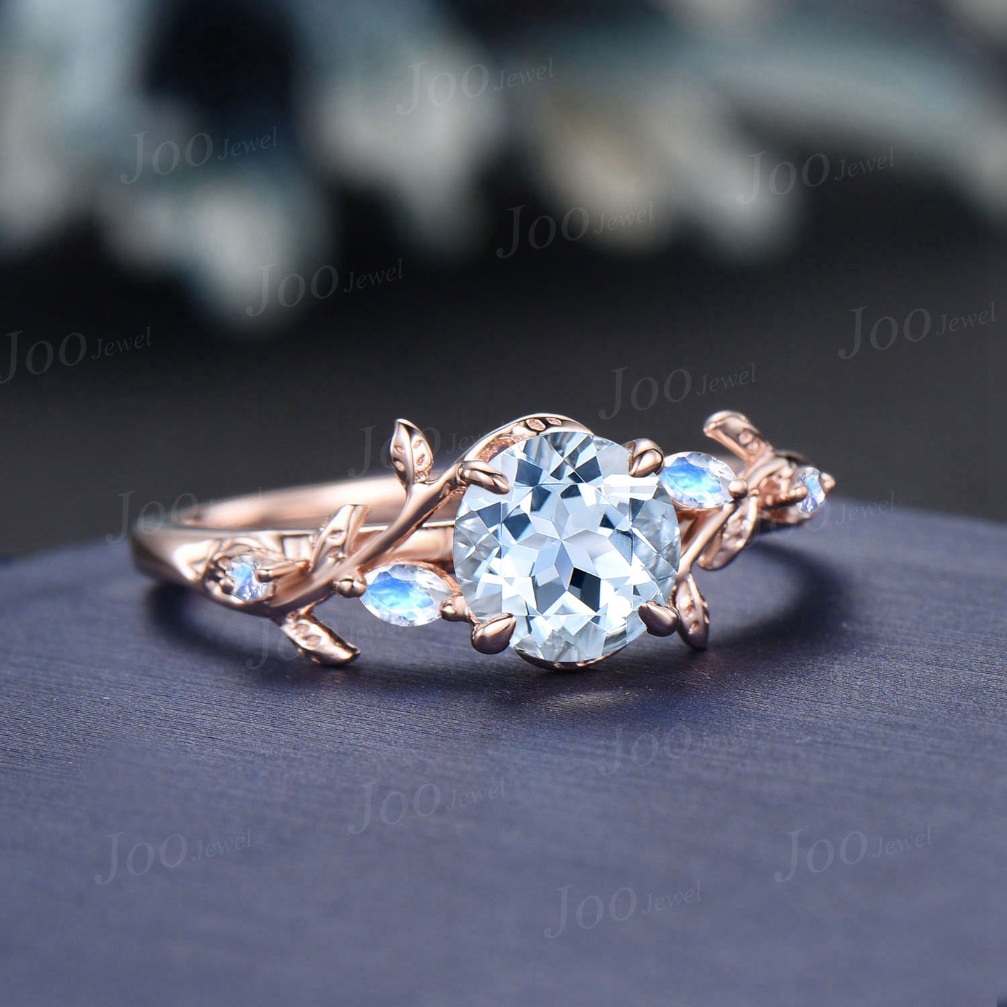 1ct Natural Light Blue Aquamarine Moonstone Ring Vintage Rose Gold Round Nature Inspired Aquamarine Engagement Ring March Birthstone Gifts