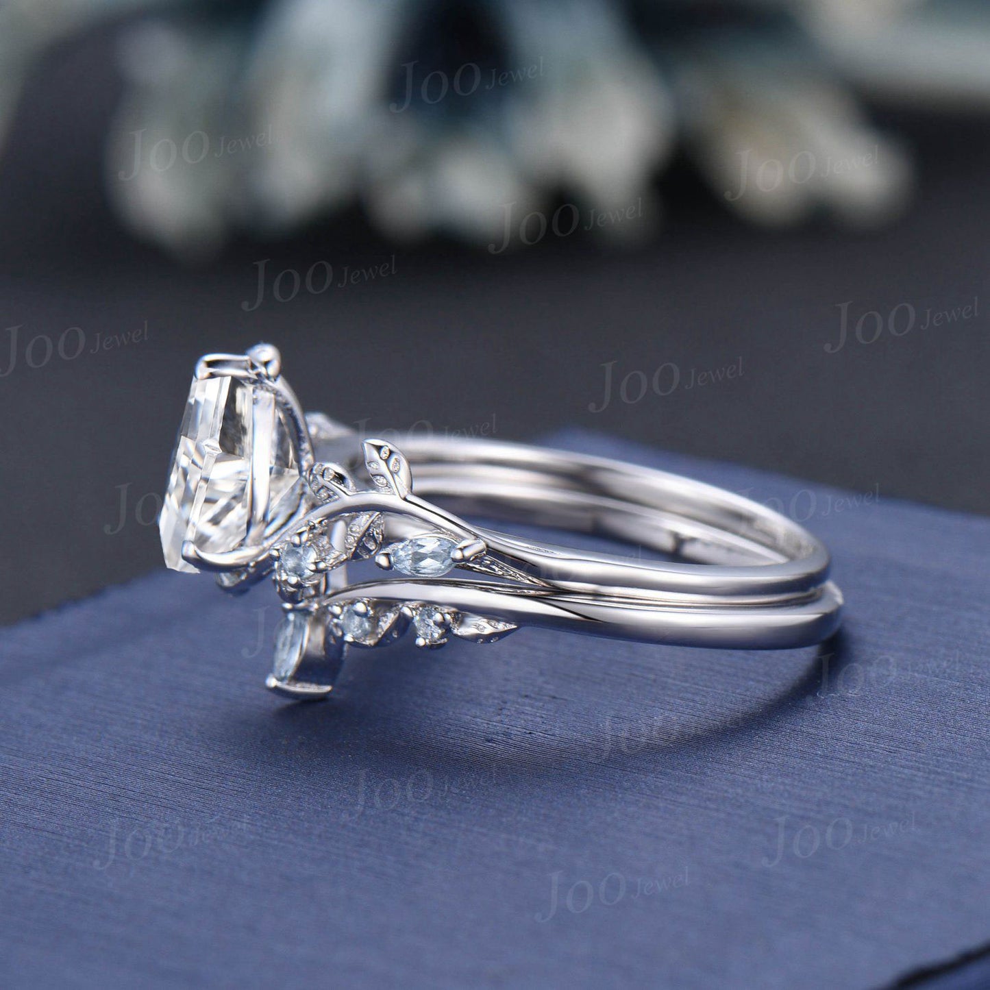 1.25ct Nature Inspired Pear Cut Moissanite Engagement Ring Set Leaf Branch Real Aquamarine Cluster Wedding Ring for Women Anniversary Gifts