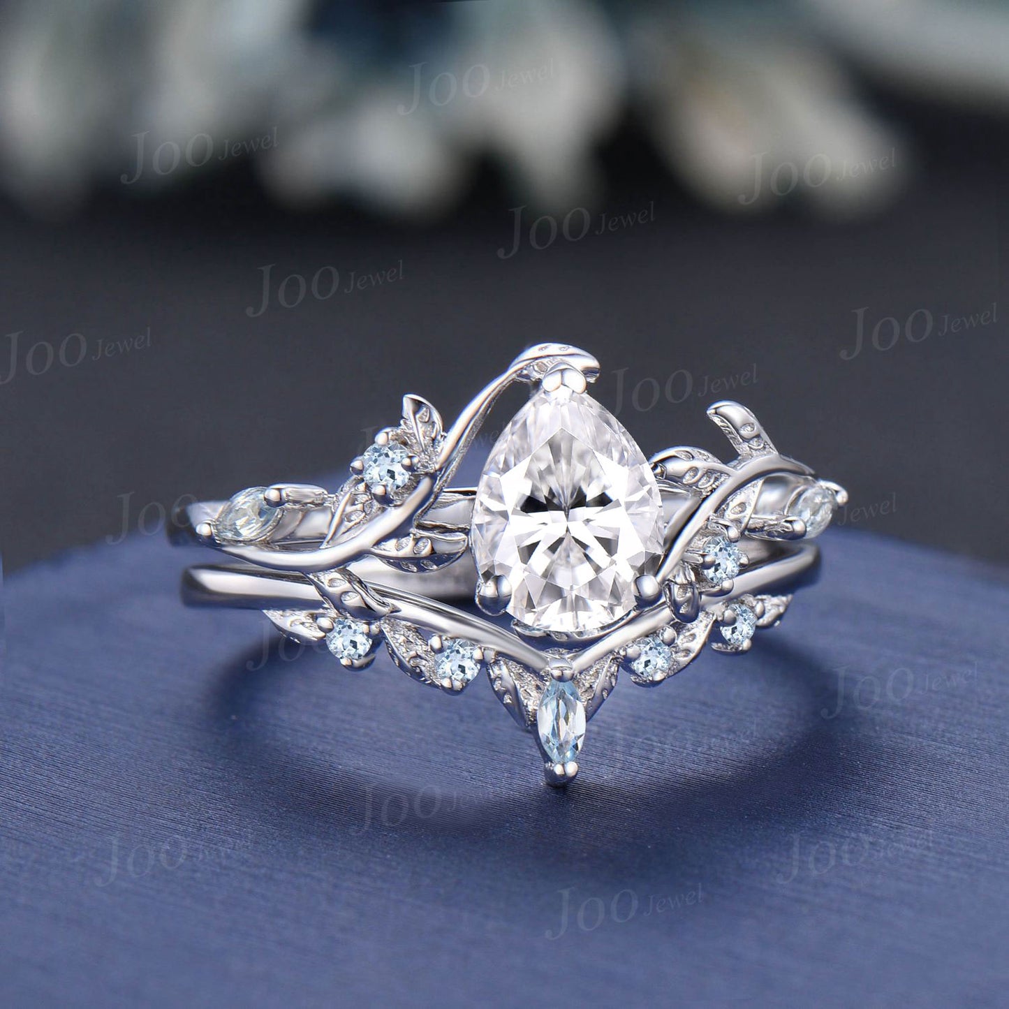 1.25ct Nature Inspired Pear Cut Moissanite Engagement Ring Set Leaf Branch Real Aquamarine Cluster Wedding Ring for Women Anniversary Gifts
