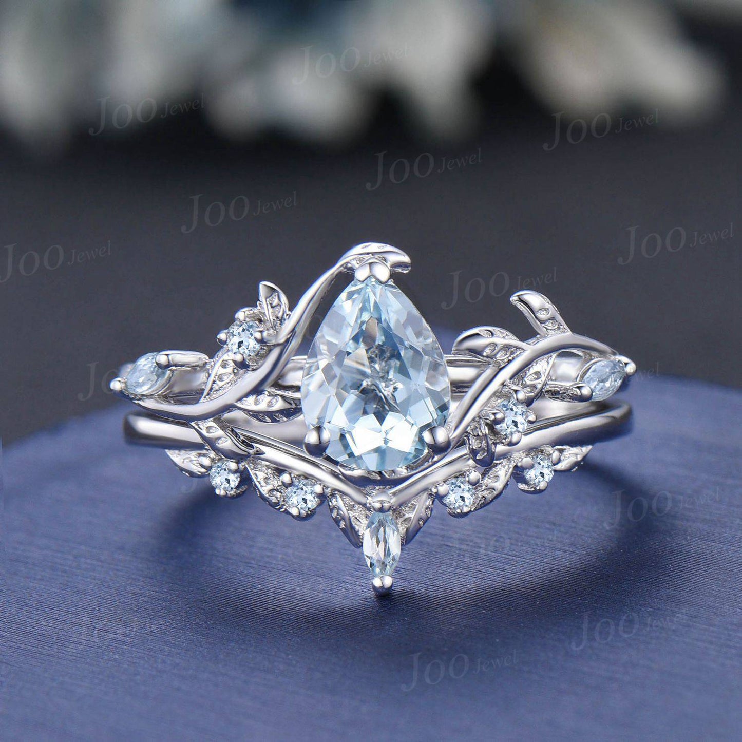 Pear Shaped Natural Aquamarine Engagement Ring Set Rose Gold Leaf Branch Nature Inspired Aquamarine Wedding Ring Set for Women Jewelry Gifts