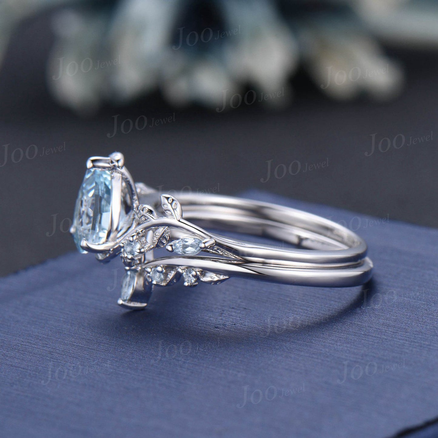 Pear Shaped Natural Aquamarine Engagement Ring Set Rose Gold Leaf Branch Nature Inspired Aquamarine Wedding Ring Set for Women Jewelry Gifts