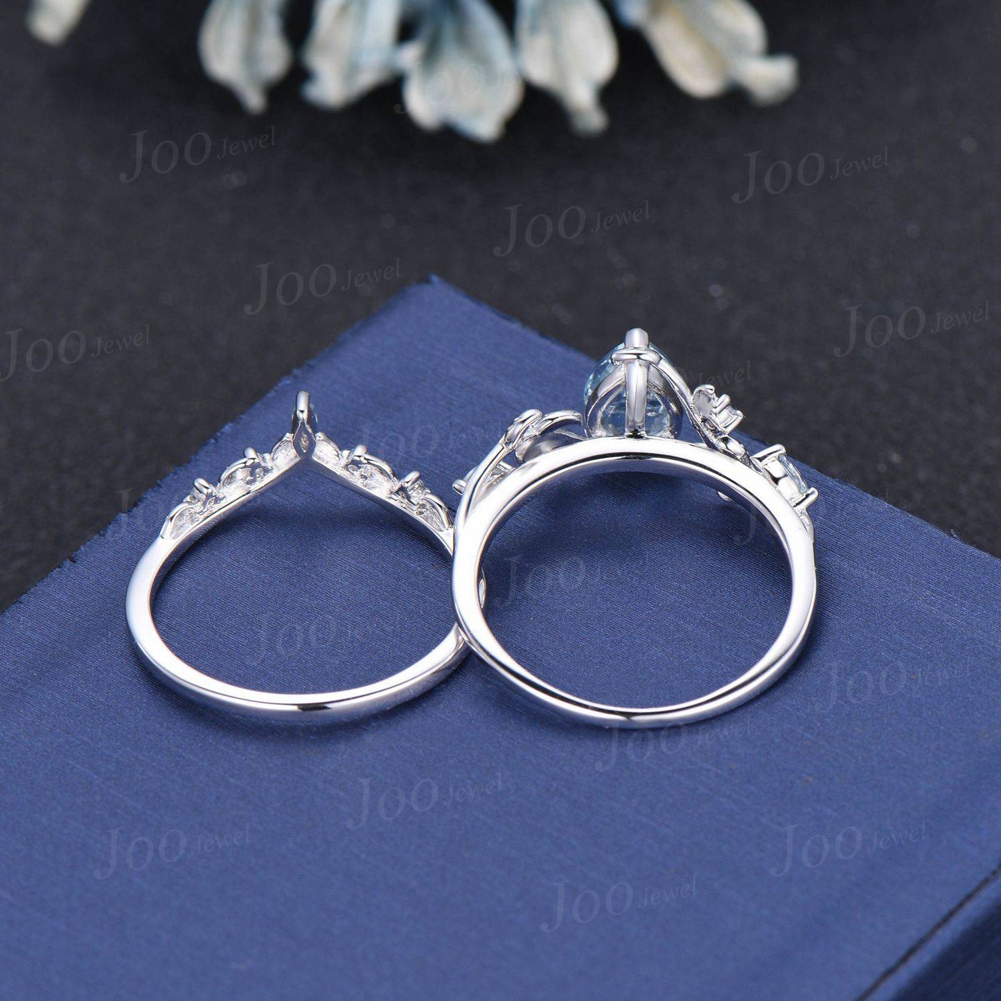 Pear Shaped Natural Aquamarine Engagement Ring Set Rose Gold Leaf Branch Nature Inspired Aquamarine Wedding Ring Set for Women Jewelry Gifts