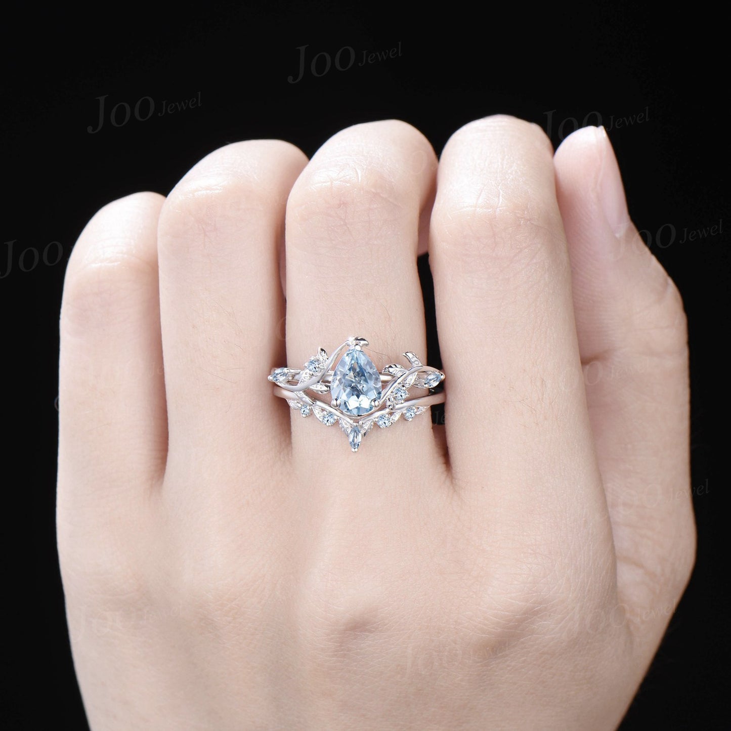 Pear Shaped Natural Aquamarine Engagement Ring Set Rose Gold Leaf Branch Nature Inspired Aquamarine Wedding Ring Set for Women Jewelry Gifts