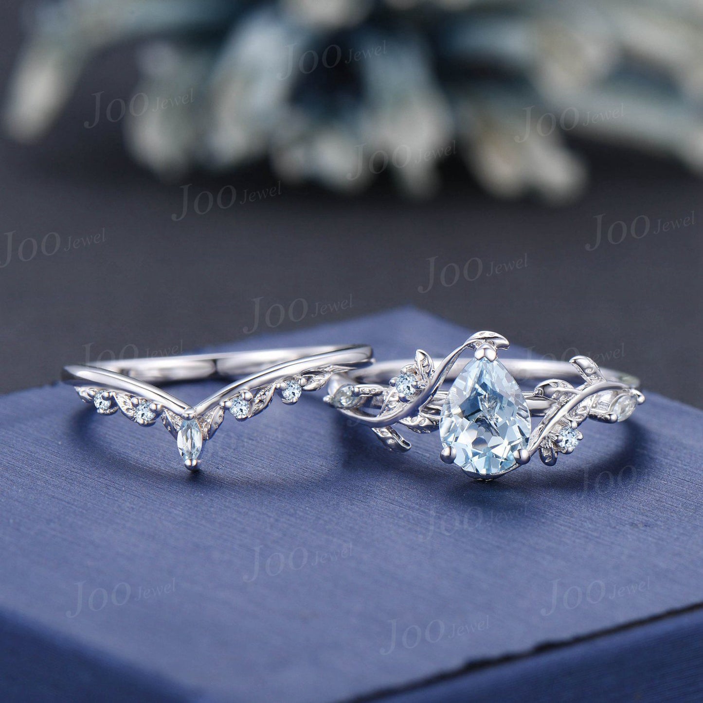 Pear Shaped Natural Aquamarine Engagement Ring Set Rose Gold Leaf Branch Nature Inspired Aquamarine Wedding Ring Set for Women Jewelry Gifts