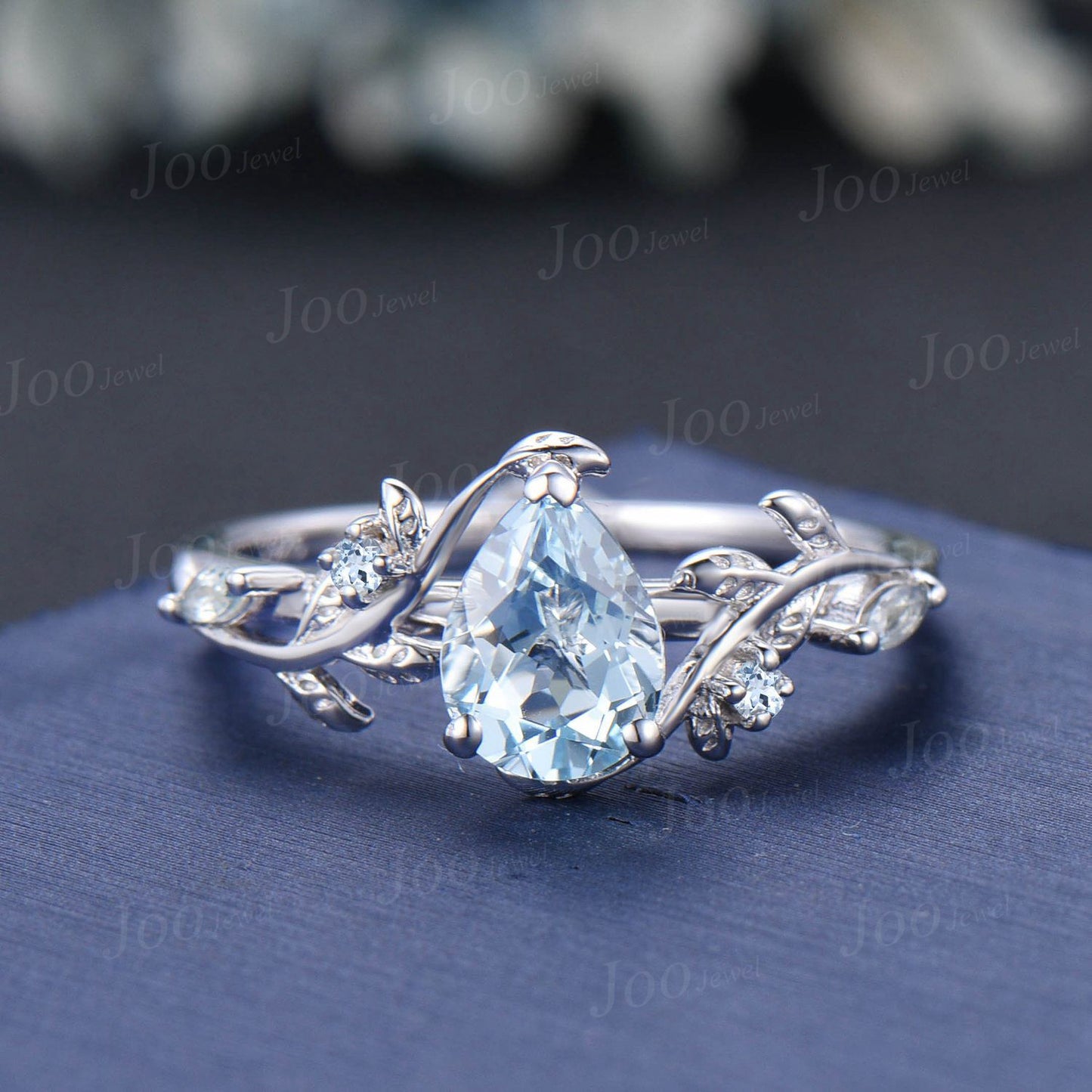 Pear Shaped Natural Aquamarine Engagement Ring Set Rose Gold Leaf Branch Nature Inspired Aquamarine Wedding Ring Set for Women Jewelry Gifts