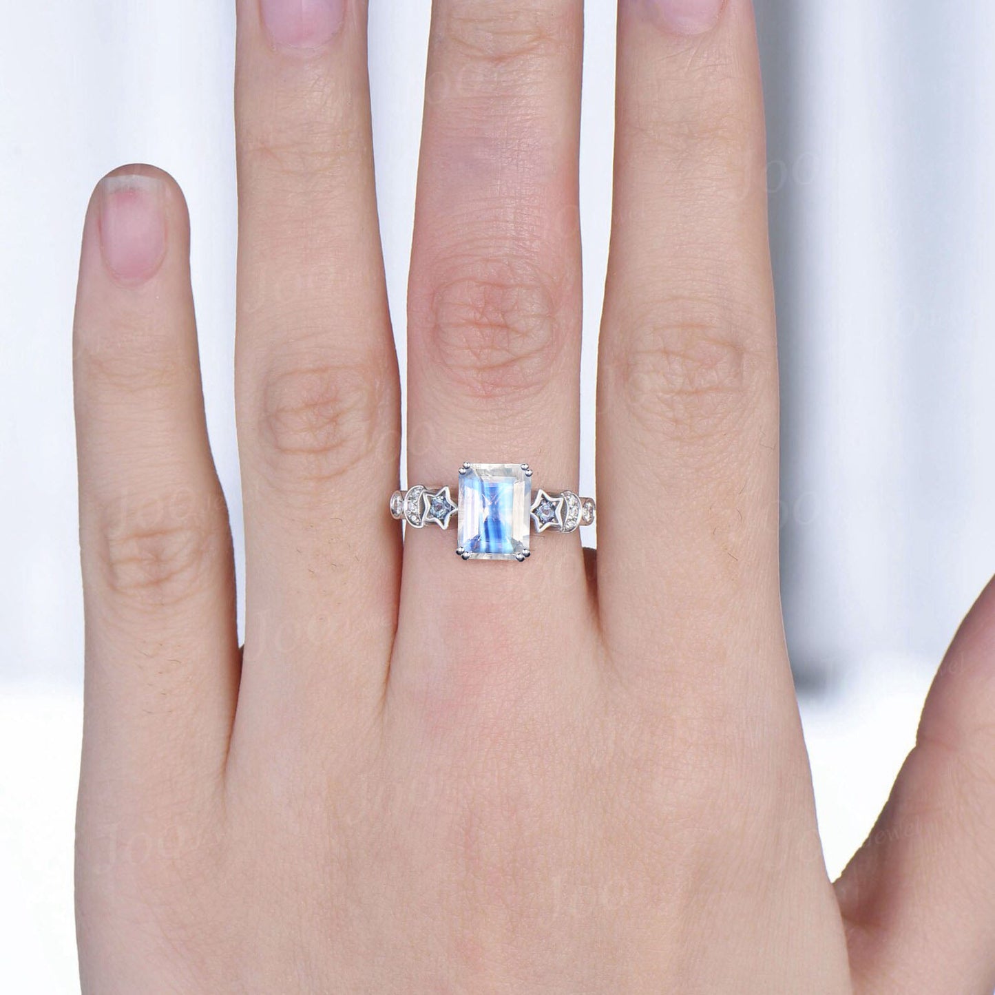 2ct Emerald Cut Natural Rainbow Moonstone Engagement Ring Unique Moon Star Band White Gold Alexandrite Diamond Celestial Wedding Ring Women