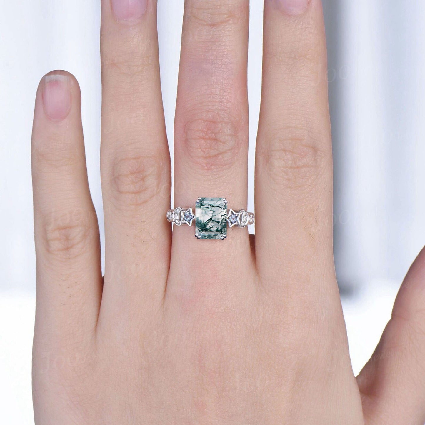 Unique Moon Star Wedding Ring 2ct Emerald Cut Natural Moss Agate Engagement Ring for Women 14k White Gold Alexandrite Diamond Promise Ring