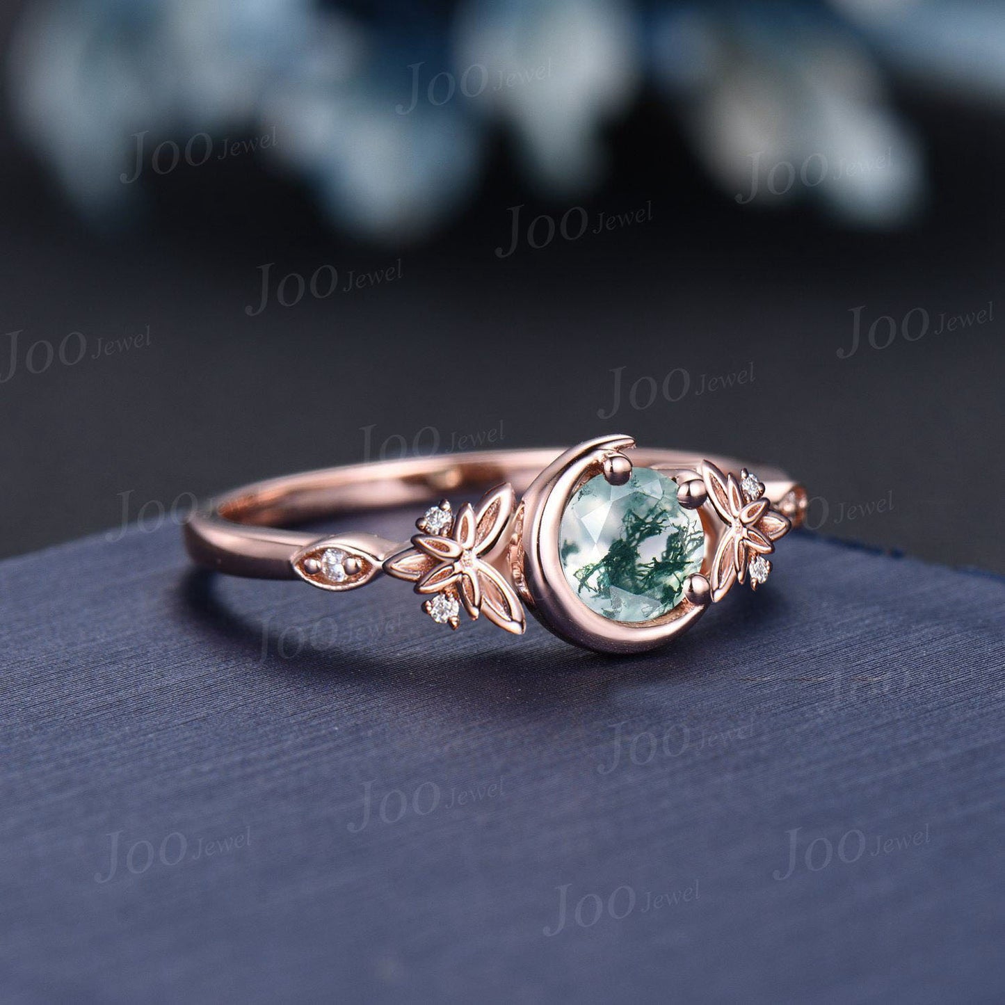 Round Cut Natural Moss Agate Diamond Crescent Moon Wedding Ring 14K Rose Gold Celtic Trinity Knot Irish Engagement Ring Unique Women Gifts