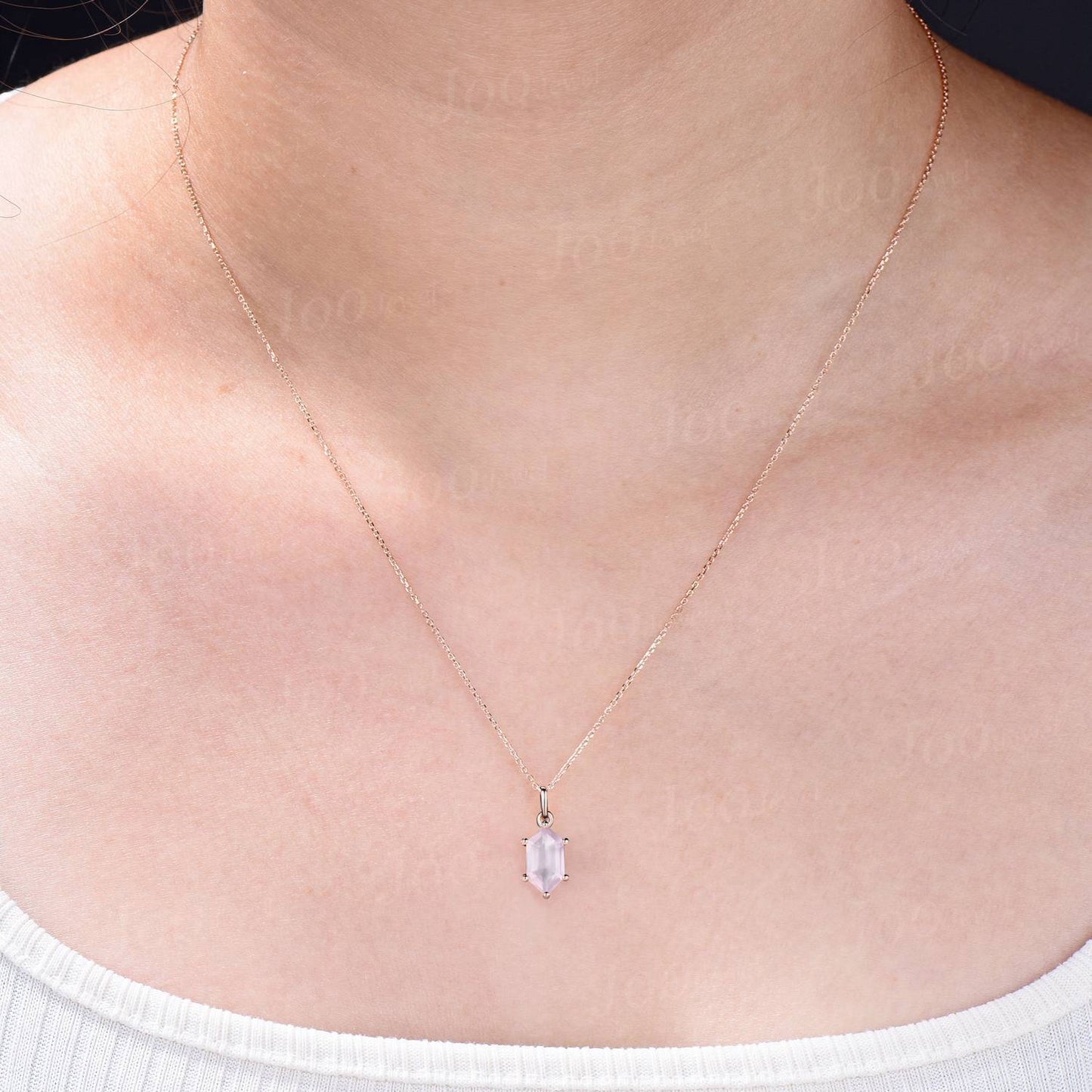 Long Hexagon Cut Natural Rose Quartz Stone Necklace Sterling Silver Healing Crystal Pendant Pink Gemstone Jewelry Birthday Gifts For Women