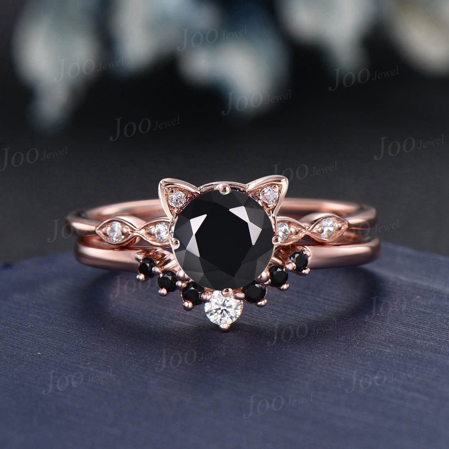 Cat Themed Engagement Ring Round Natural Black Onyx Wedding Ring Set Women Unique Rose Gold Kitten Ring Unique Gift For Cat Lover/Daughter