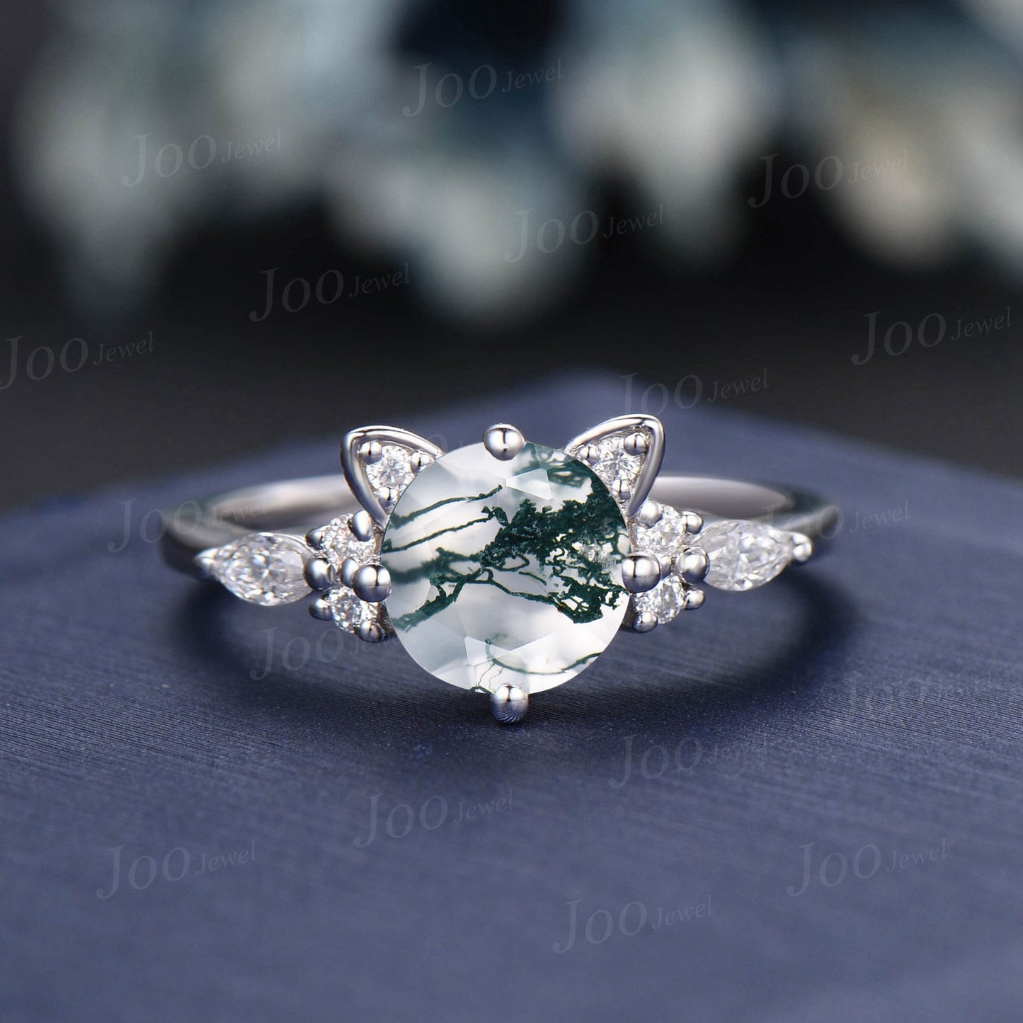 Cat Engagement Ring Vintage 1.2ct Natural Moss Agate Emerald Cat Cut Promise Wedding Ring Peekaboo Kitten Green Gemstone Gifts for Cat Lover