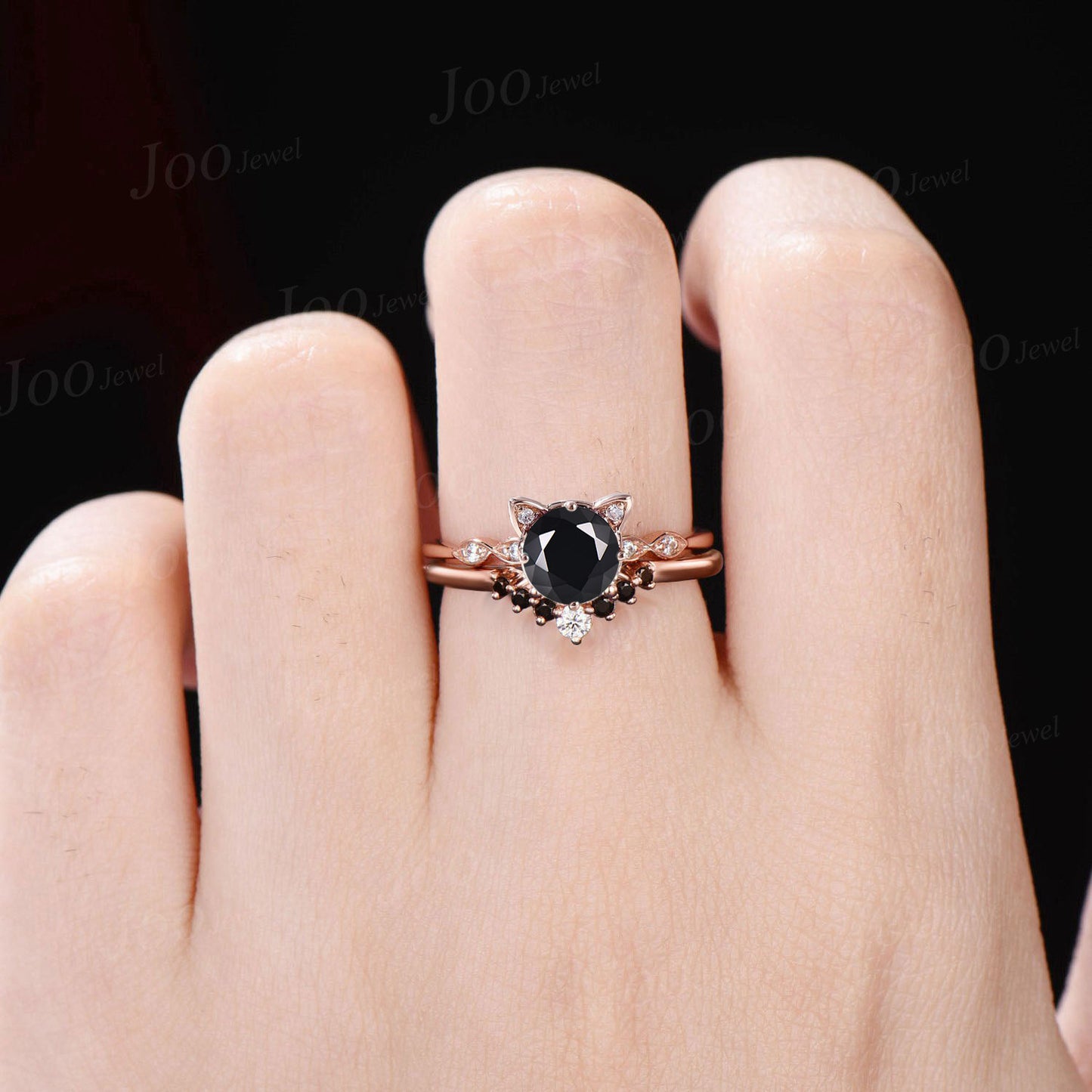 Cat Themed Engagement Ring Round Natural Black Onyx Wedding Ring Set Women Unique Rose Gold Kitten Ring Unique Gift For Cat Lover/Daughter