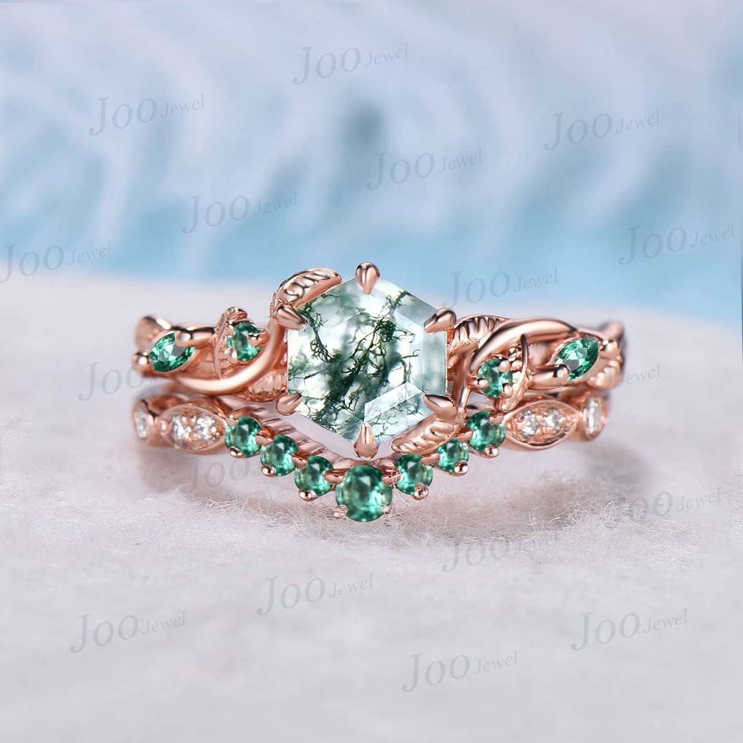 1ct Branch Leaves Natural Moss Agate Ring Set Nature Inspired Moss Agate Ring Set Unique Emerald Leaf Engagement Ring Handmade Propose Gifts